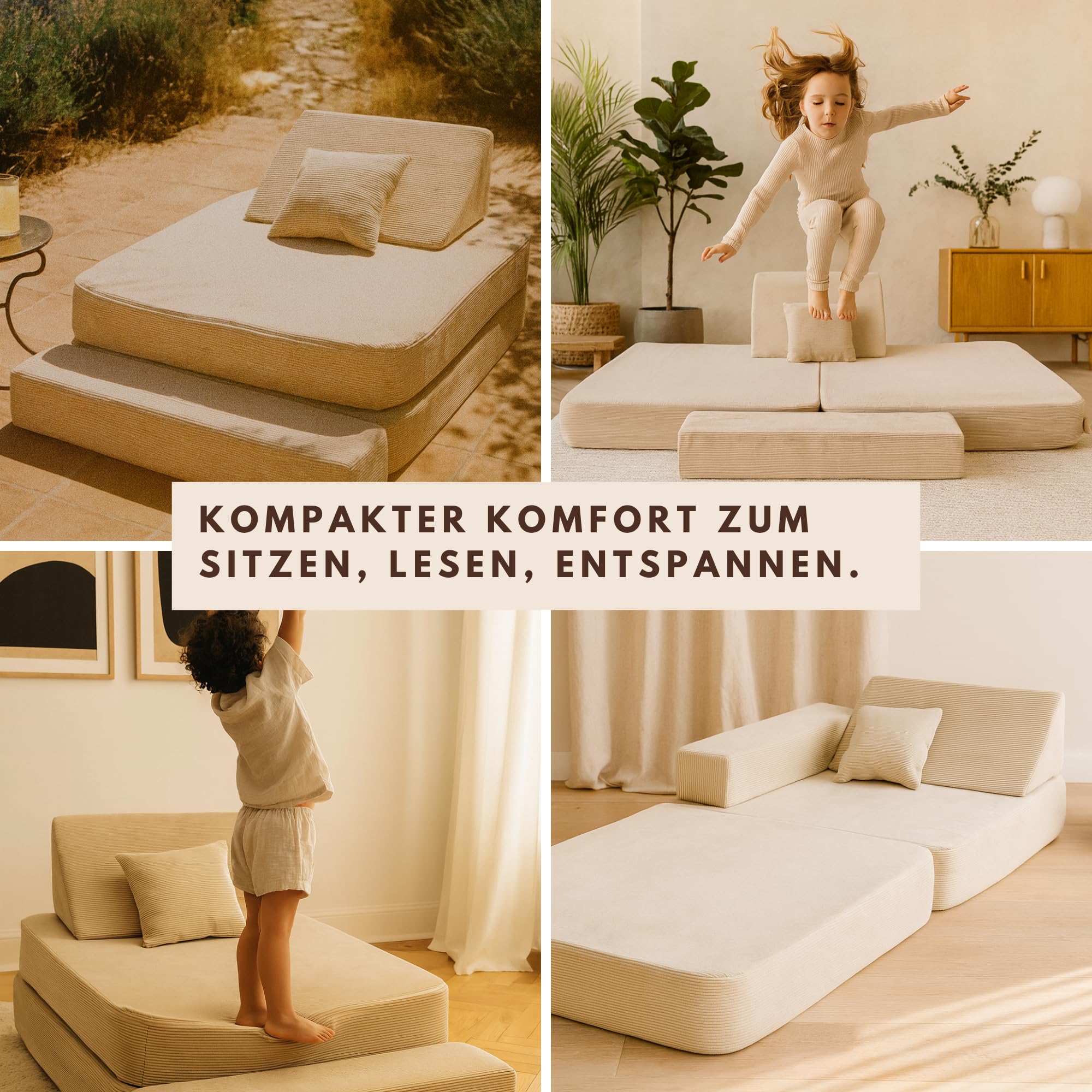 Angelove Kindersessel 3‑in‑1 - Faltbare Kindercouch & Spielmatratze aus Cord, Bequemer Spielsofa‑Sessel ab 1 Jahr, Beige