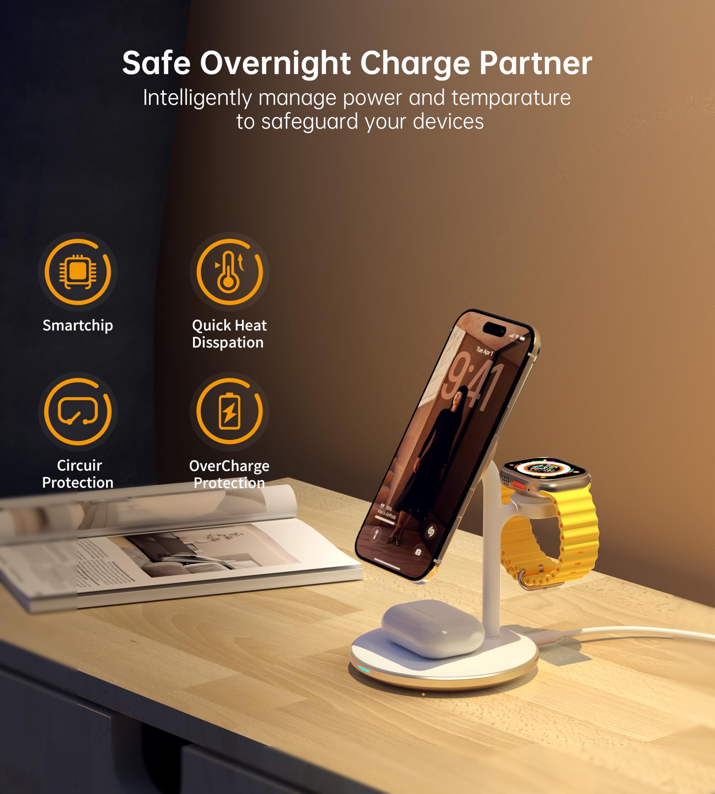 XooFly Stazione di ricarica magnetica wireless 3 in 1 per dispositivi Apple, 15 W | Supporto per ricarica rapida per iPhone 17 16 15 14 13 12 Series Apple Watch Ultra Airpod Pro, oro