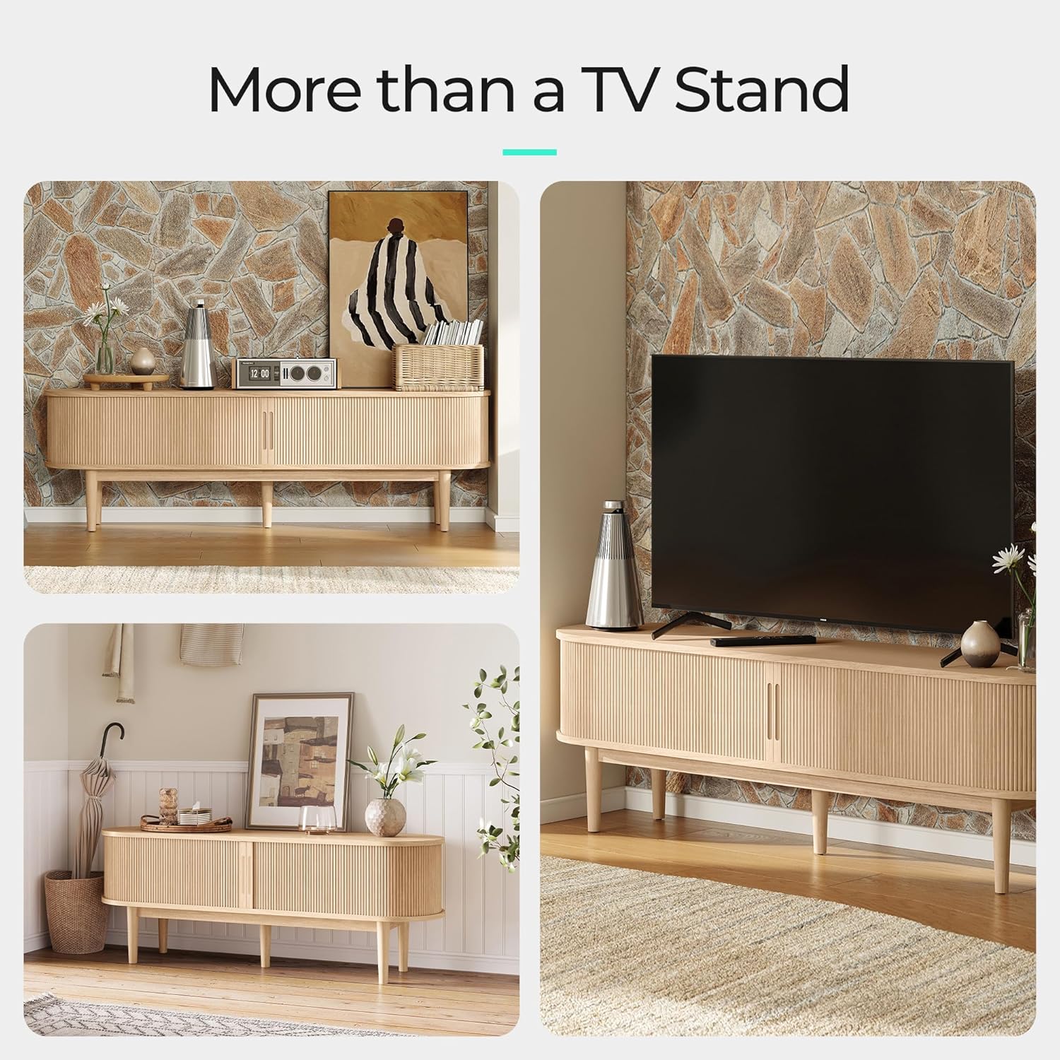 LINSY HOME 58" Fluted TV Stand for TVs up to 65 Inch, Mid Century Modern Entertainment Center with Storage Cabinet and Sliding Doors, Farmhouse Wood Media TV Console for Living Room, Bedroom, Oak