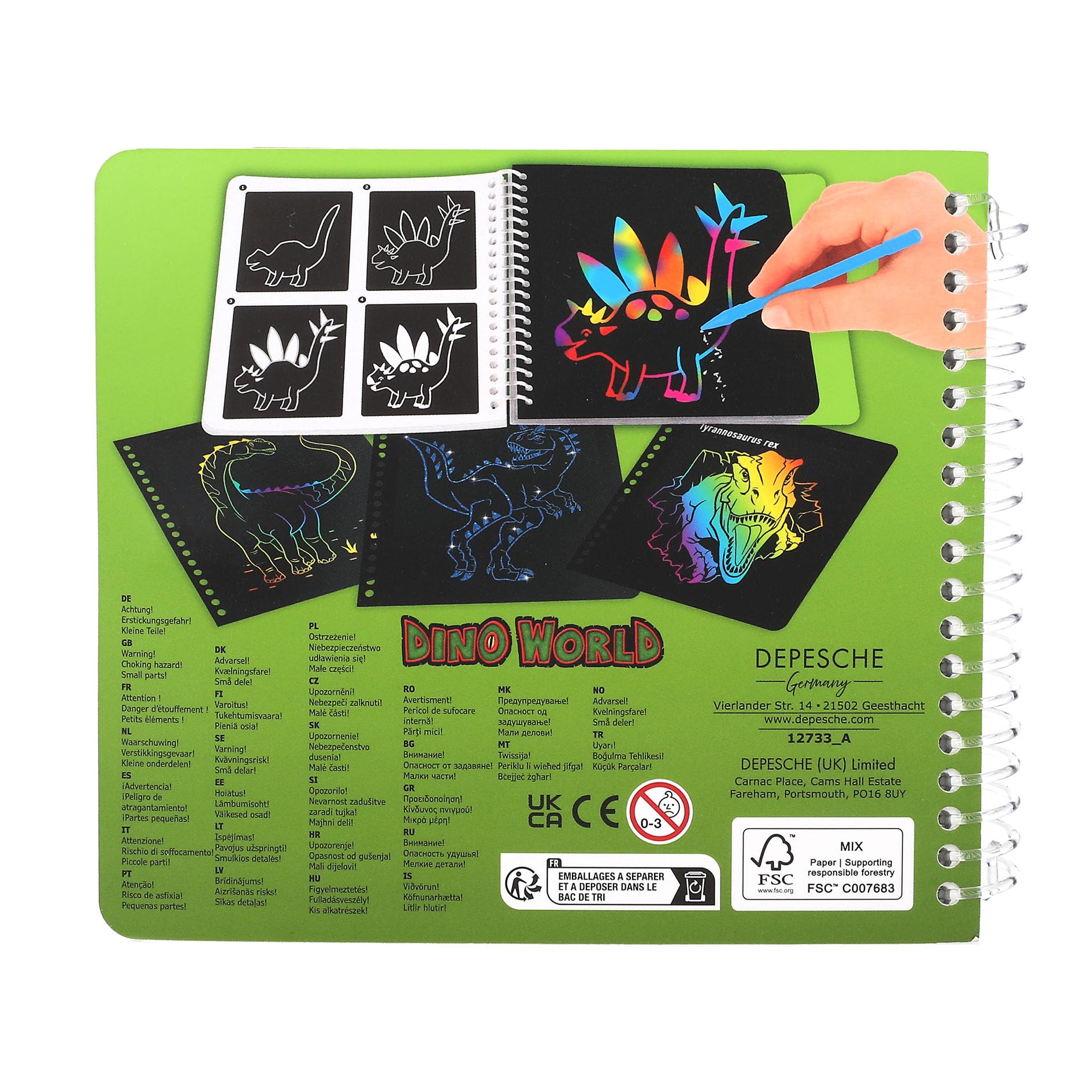 Depesche 12733 Dino World - Mini Magic Scratch Book z fajnymi motywami dinozaurów do drapania, książeczka z kolorowym gradientem i pisakiem do zdrapywania