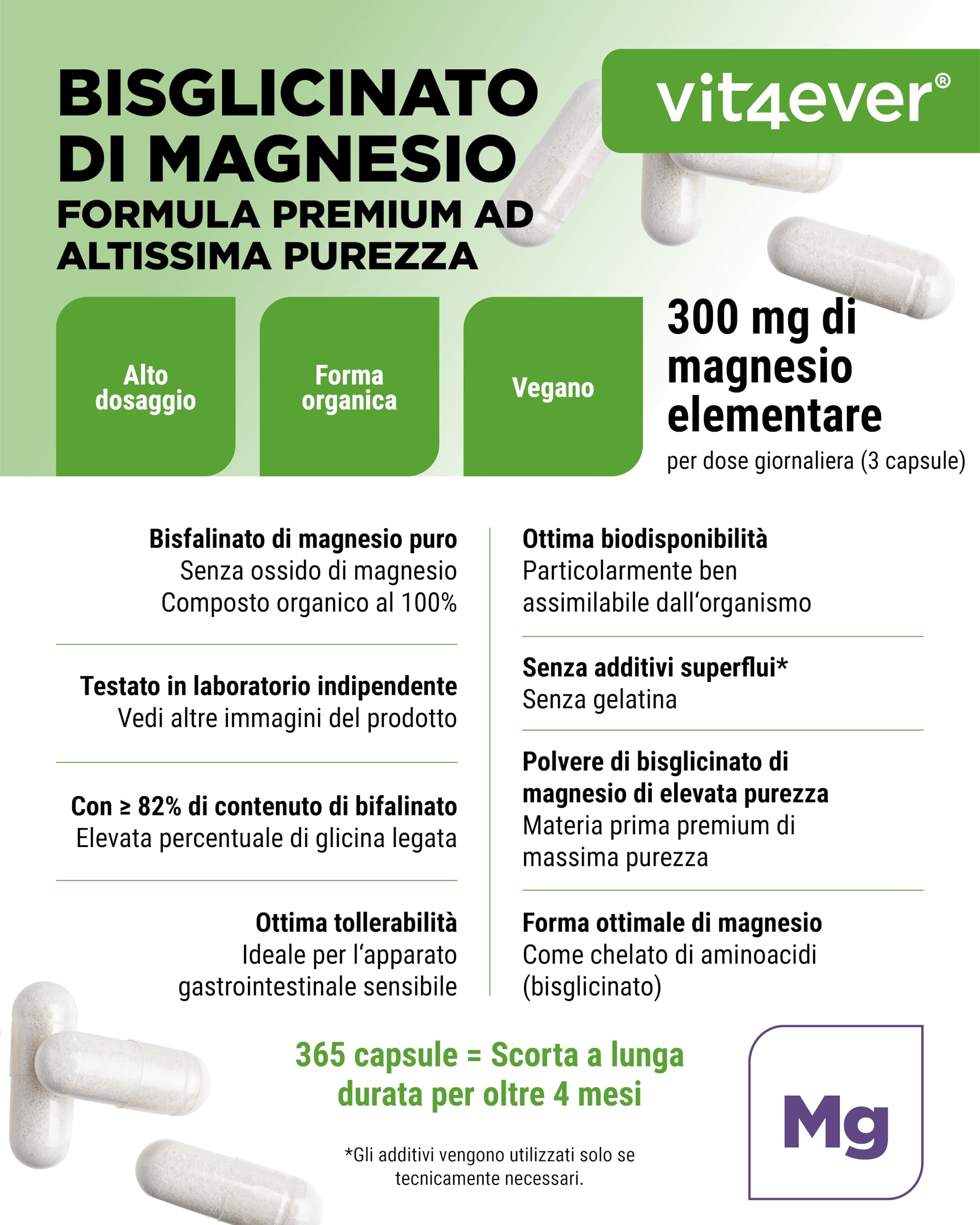 Magnesiobisglicinato - 365 Capsule - 300 mg di Magnesio Elementare per Dose giornaliera - Premium: Magnesio Chelato - Vegano - Ad Alto Dosaggio