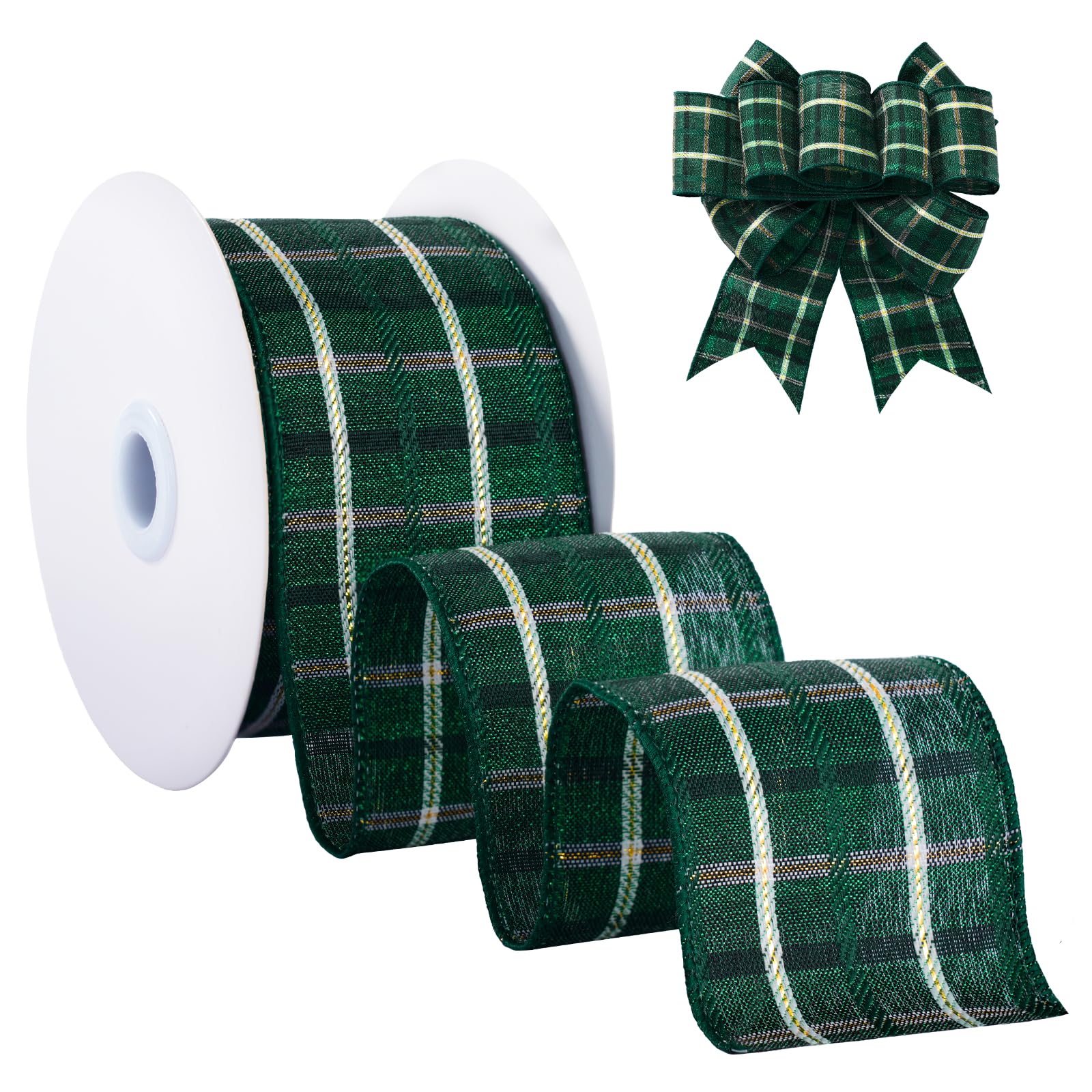 FAKILO Christmas Plaid Wired Ribbon 6.3cm X 9m Gold Black and Green Gingham Buffalo Plaid Christmas Ribbon for Wreath Tree Decor Gift Wrapping Bow Making