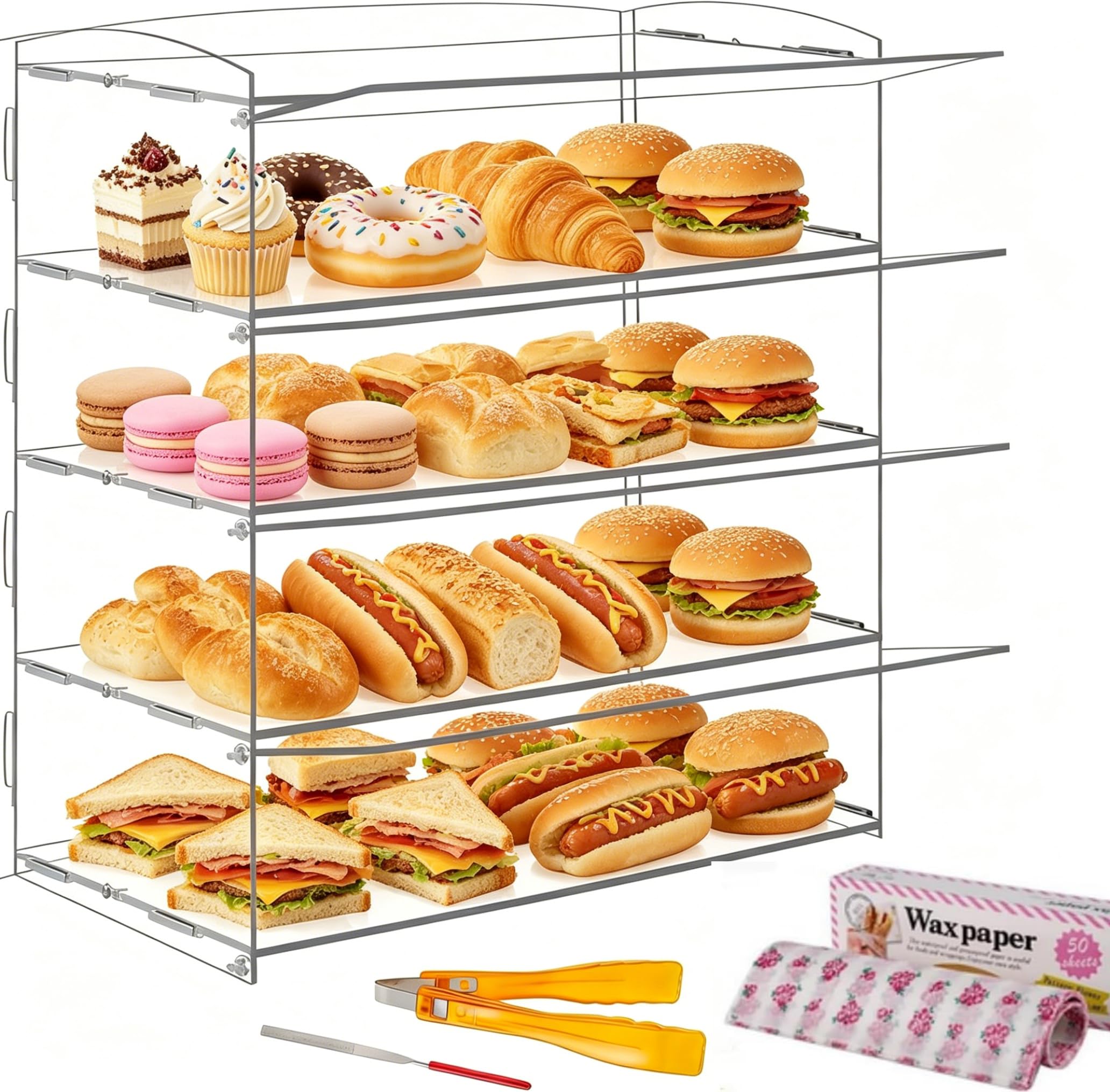 BAOSHISHAN Vitrina acrílica para repostería, mostrador de alimentos de 4 niveles para exhibir pasteles, donas y pasteles con pinzas para servir