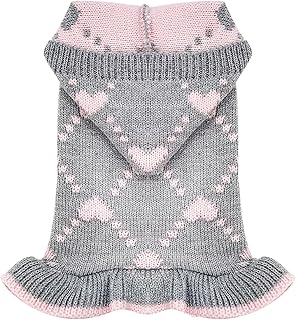 HRTTSY Cute Dog Sweater Soft Warm Fall Winter Female Dog Cat Clothes with Leash Hole Pink Hearts Hooded Puppy Sweater Dress for Small Dogs Girl Chihuahua Pug Outfits Pet Holiday Costume(Grey,S)