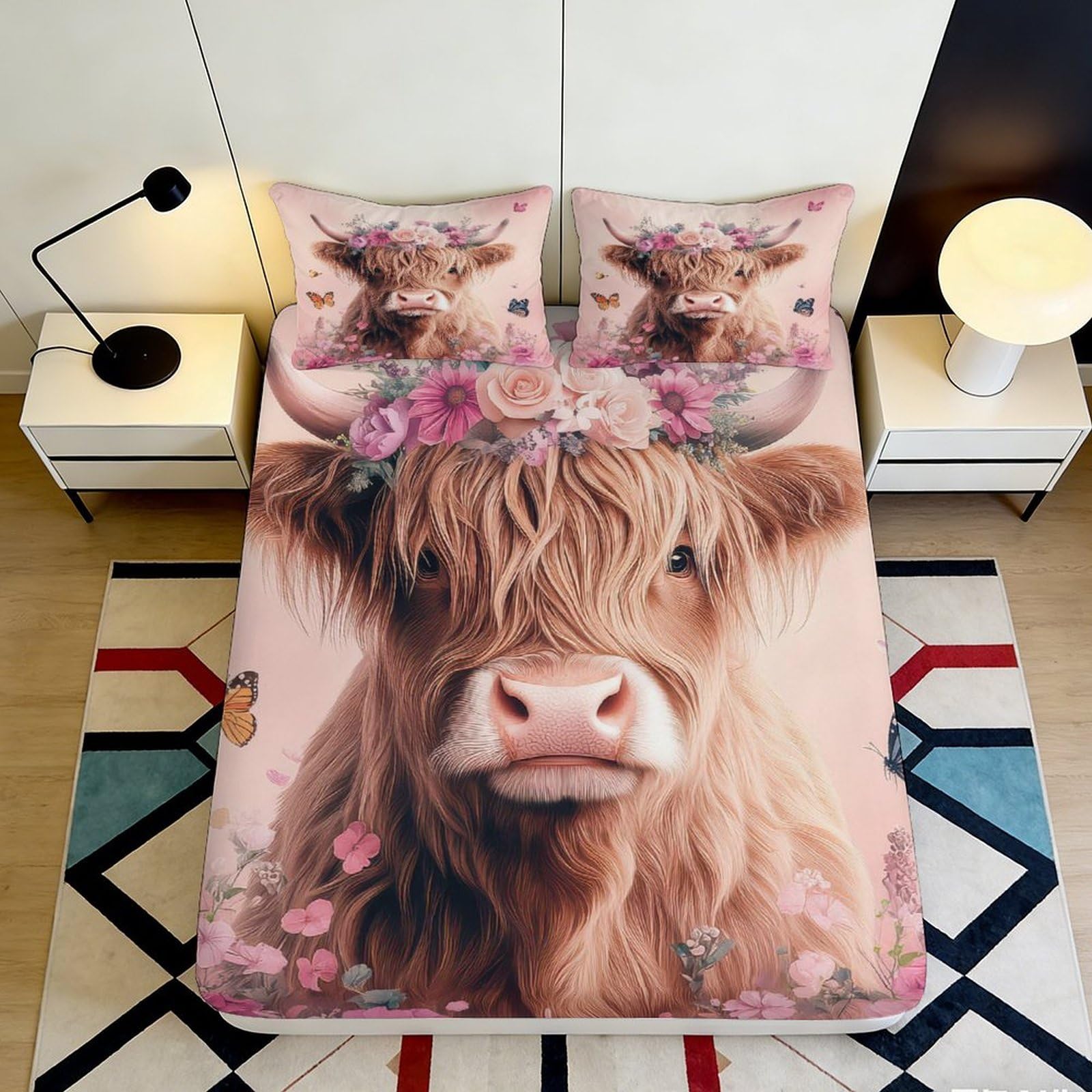 3D Printed Highland Cow Fitted Sheet Microfiber Soft Breathable Floral Bull Bed Cover for Bedroom Dormitory Guest Room Mattress Protection Decor 160x200x25cm