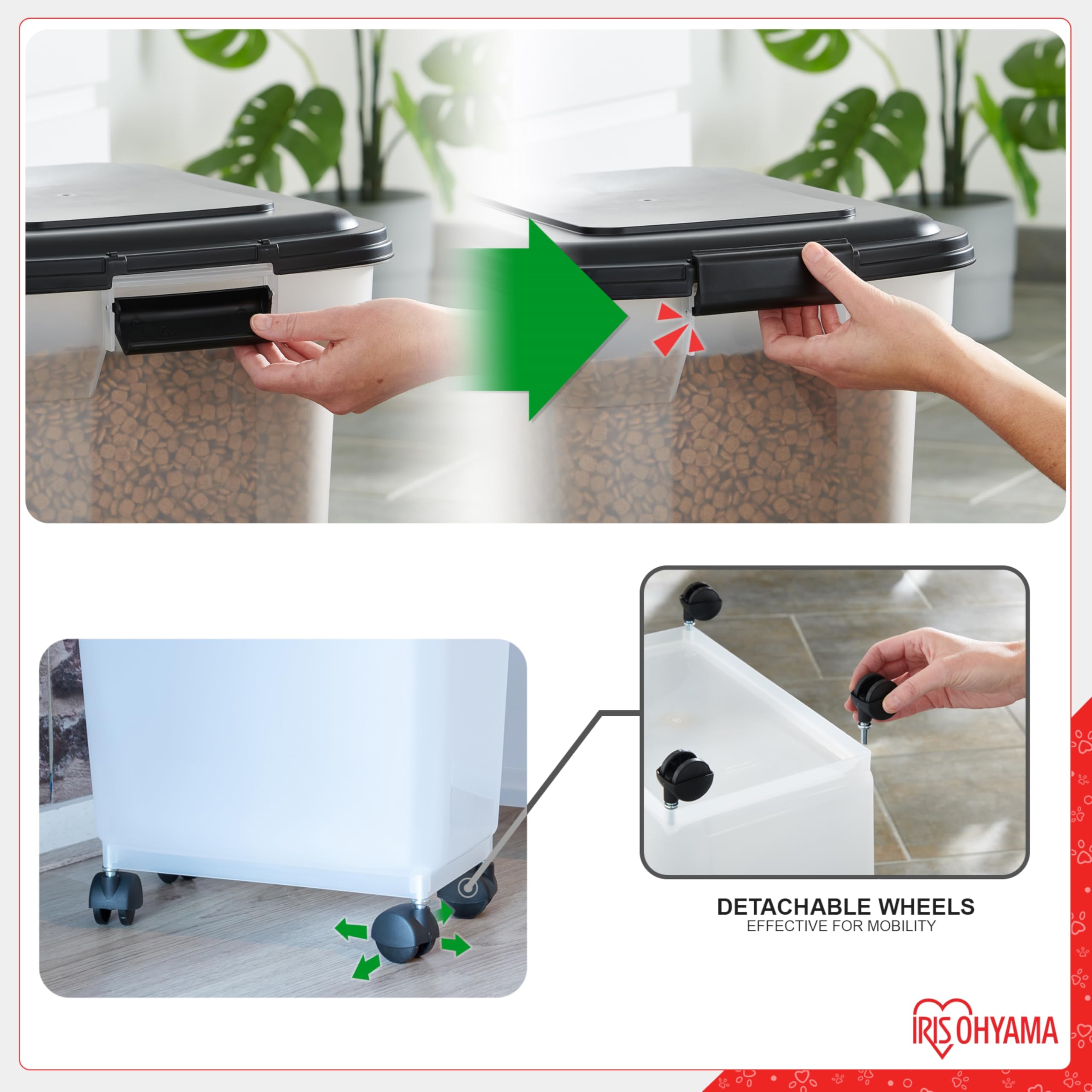 Iris Ohyama, Contenitore per Crocchette, 45L/15kg, Nero, Ermetici, Contenitore per Alimenti in Plastica con Coperchio, con Ruote, Per Cibo per Gatti, Cani, Cibo secco, Dolci, Scatola, ATS-L