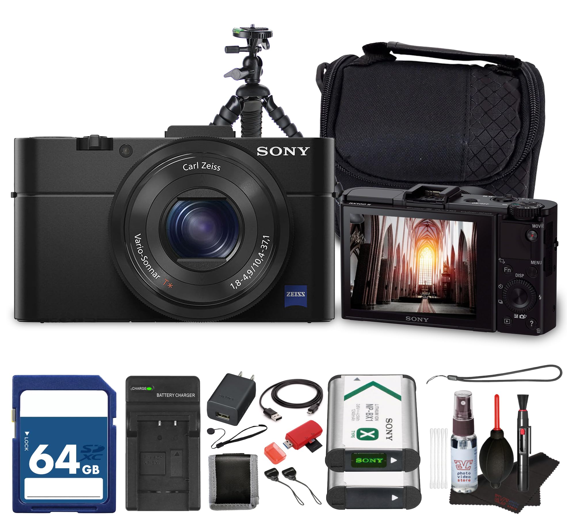 Sony RX100 II Digital Camera | Compact Premium Camera Bundle with 1" Sensor & Wi-Fi (DSC-RX100M2/B) + 64GB Card + Camera Bag + Battery Charger + NP-BX1 Replacement + Flexible Tripod + More (15 Items)