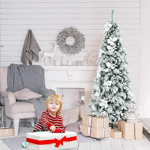 Miniatura 4 de COSTWAY Árbol de Navidad flocado de 6 pies con bayas y flores de Pascua