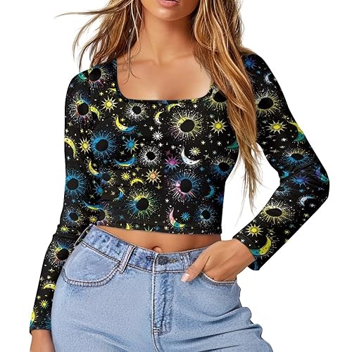 Women Long Sleeve Crop Tops with Square Neck Sexy Slim