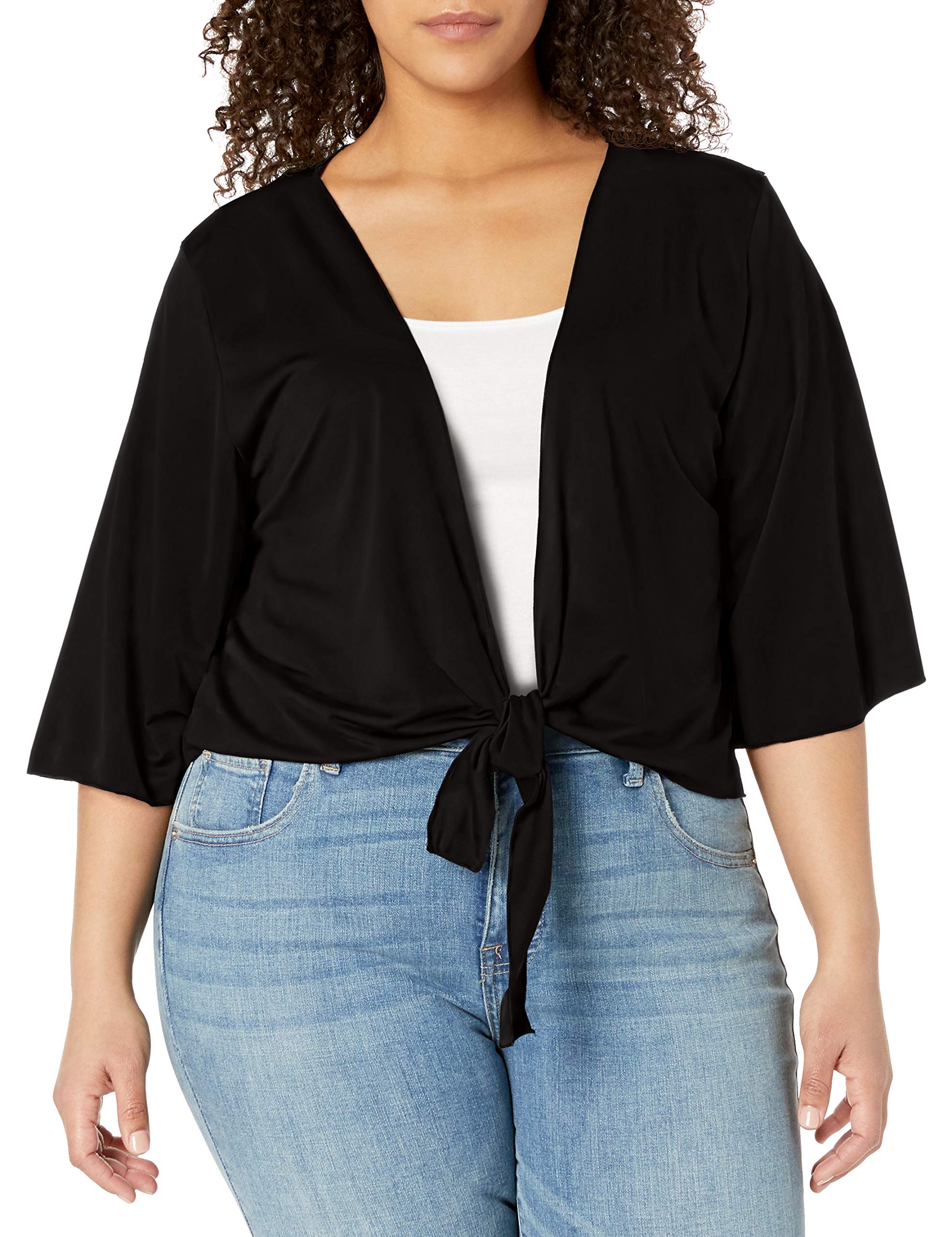 Star Vixen Women's Black Solid Plus-Size 3/4 Sleeve Tiefront Shrug, 3X