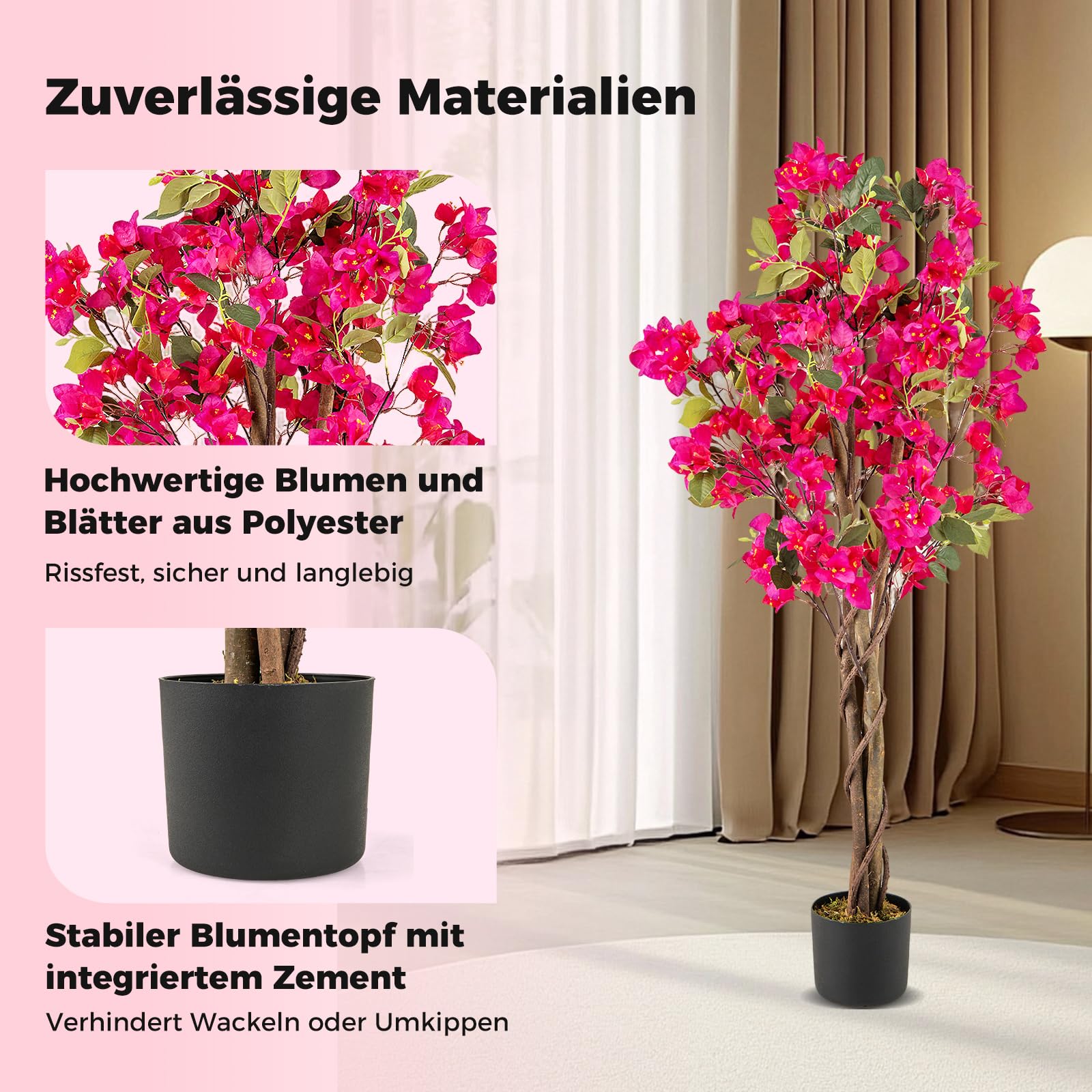 RELAX4LIFE Künstlicher Bougainvillea-Baum, 120cm Künstliche Blumenpflanze mit natürlichem Holzstamm, Kunstblumen Indoor Outdoor Pflanze Dekorationen für Huas, Büro, Hochzeit (Rosa,2)