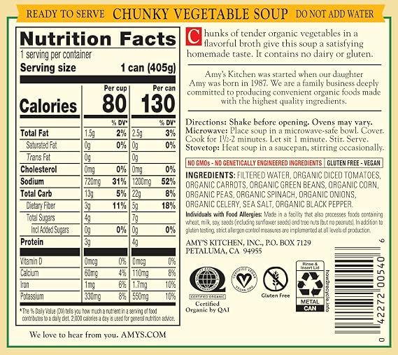 Amy's Soup, Vegan, Gluten Free, Organic Chunky Vegetable, Low Fat, 14.3 Ounce (Pack of 6)