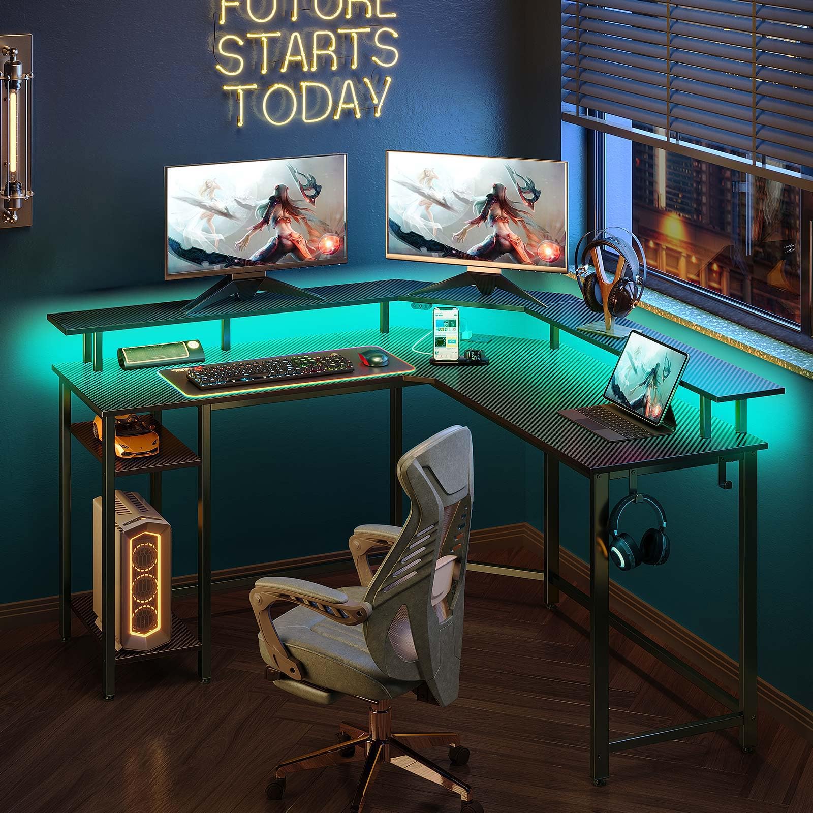 Rolanstar L-vormig Bureau met LED & Stopcontacten, 135 cm