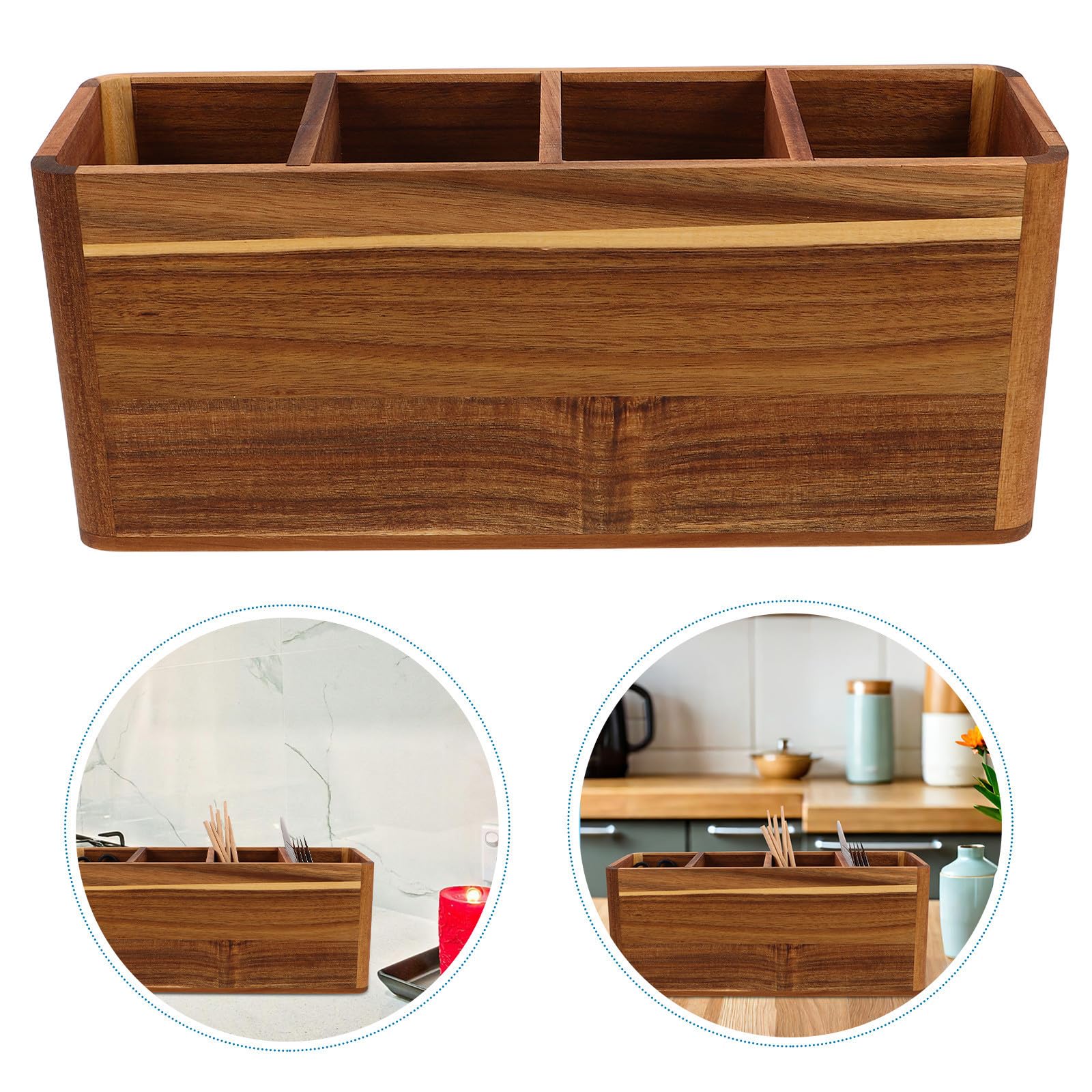 SHINEOFI Organizador de Utensilios de Cocina Soporte Funcional de Madera con 4 Compartimentos para Encimera para Cucharas y Tenedores en Cocinas Pequeñas