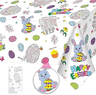 1 Pack Easter Coloring Tablecloth, Happy Easter Bunny Egg Disposable Rectangle Kids Color-in Paper Table Cover for Children Activity Easter Holiday Party Favors, 54x108 Inch