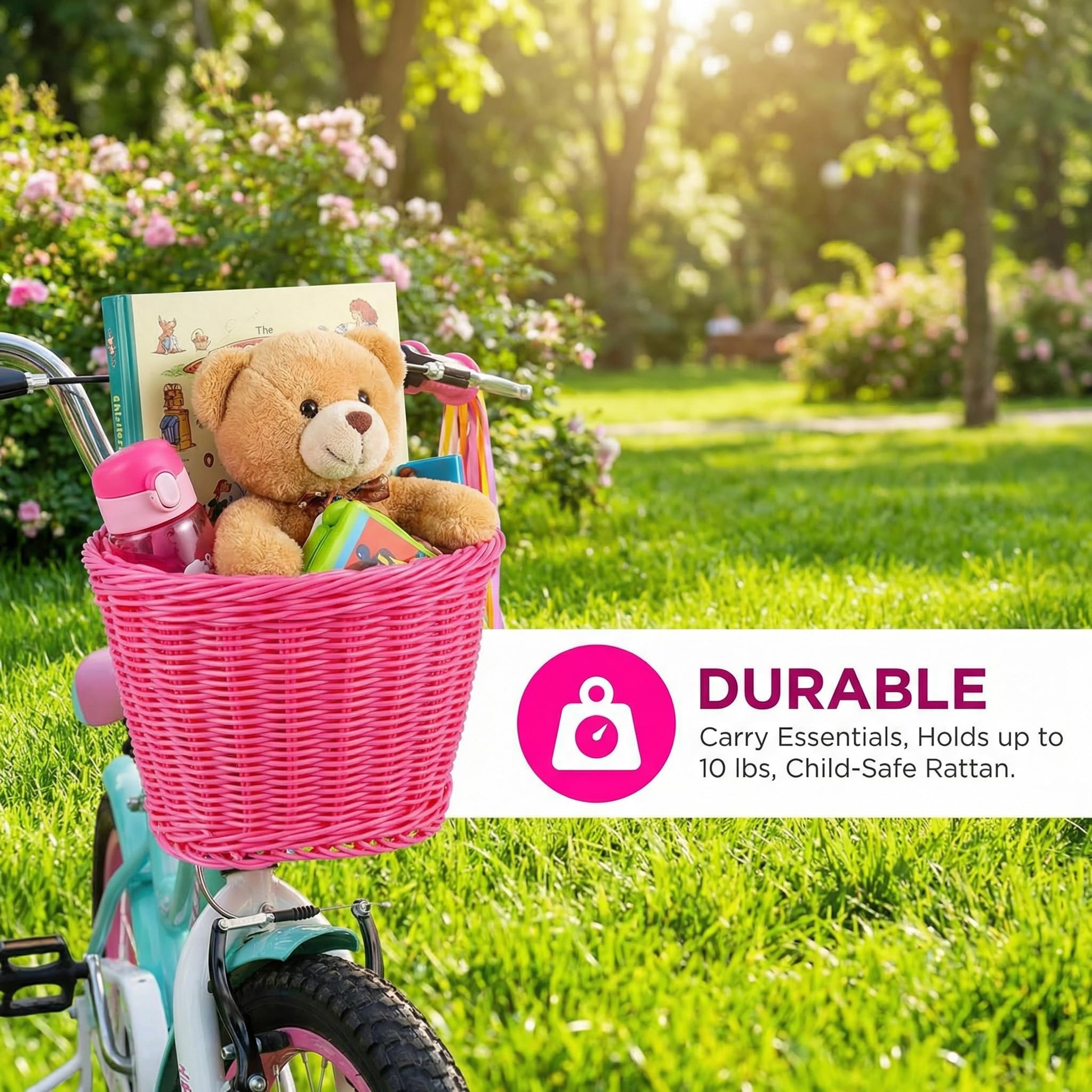 Panier de vélo pour Enfant - Accessoire Avant de vélo pour Filles et garçons - Panier de vélo en Tissu avec Autocollants, Sonnette, Moulin à Vent et 1 Paire de Rubans colorés avec Pompons