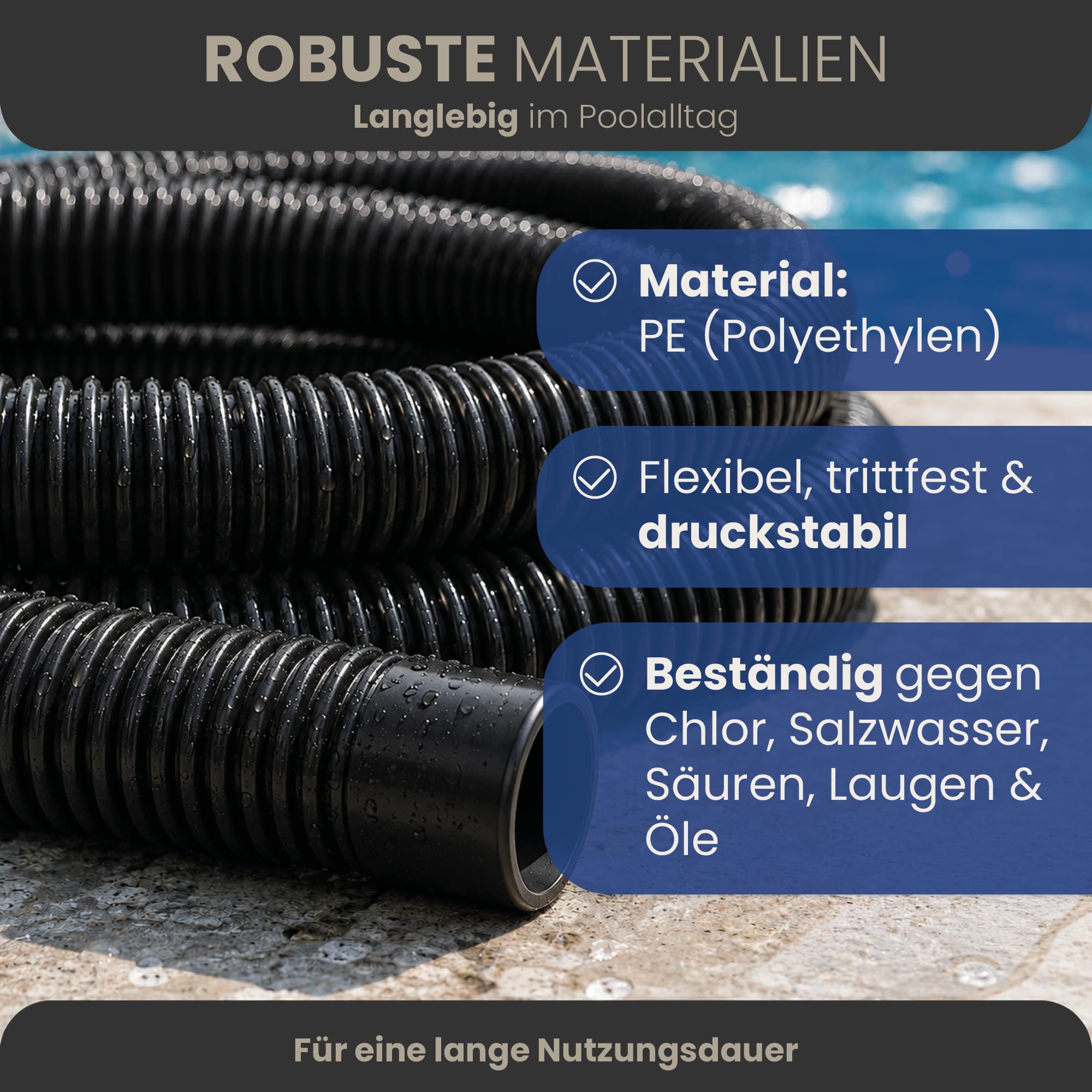 HAF® Tubo per piscina di alta qualità, 38 mm, blu, 15 m, per giardino e piscina, con 2 fascette stringitubo in acciaio inox, tubo per piscina, qualità Made in Germany