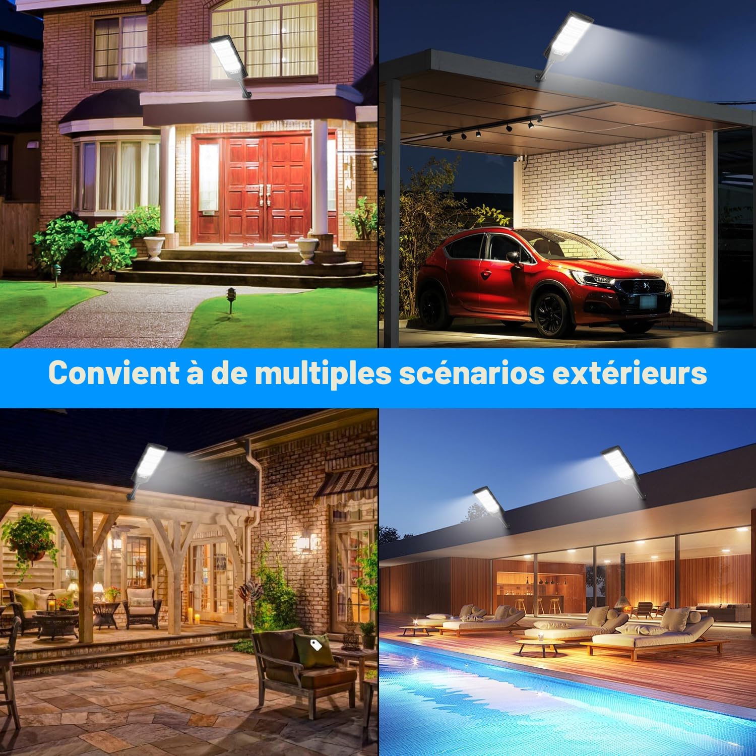 600W Lampadaires solaires extérieurs, Projecteur LED solaire 6500K, IP66 étanche eclairage solaire avec détecteur de mouvement et télécommande, lumières de sécurité lampadaire de jardin garage