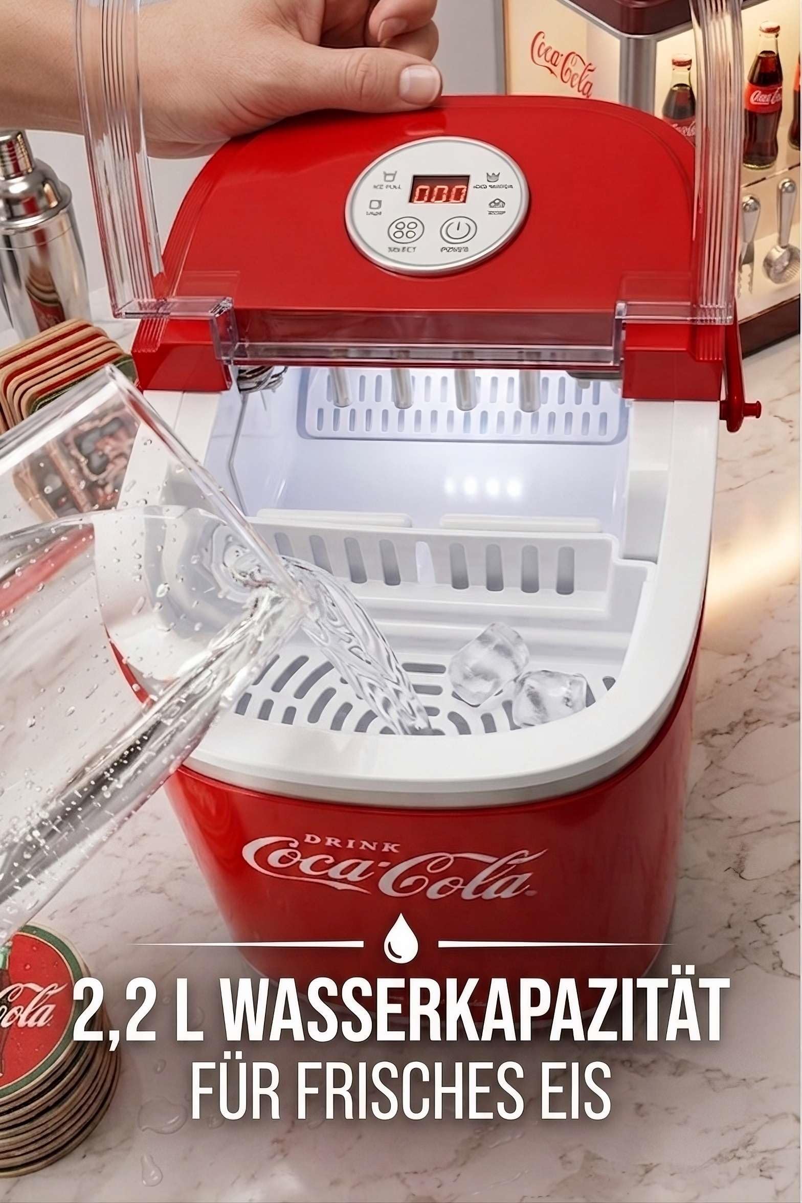 Salco Coca Cola Machine à Glaçons Rouge - Ice Maker avec 2 Tailles de Glaçons - 12kg de Glaçons par Jour - Design Rétro Rouge - Machine à Glaçons Portable pour Cocktails, Boissons & Fêtes