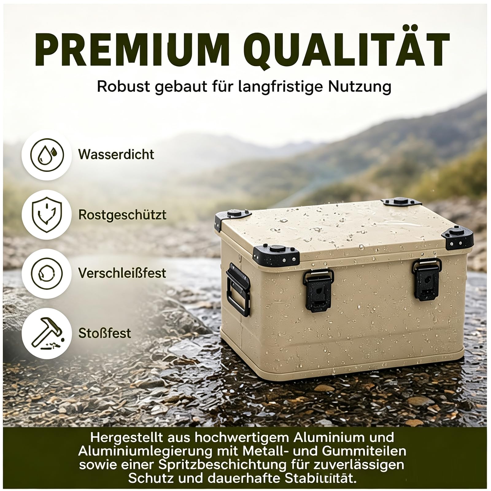 Aluminium Aufbewahrungsbox 30L/50L Wasserdicht mit Deckel, Transportbox mit Gummidichtung, Alubox, Aluminium Box mit verstärkten Ecken & Griffen für Camping Outdoor Reisen (50L Khaki)