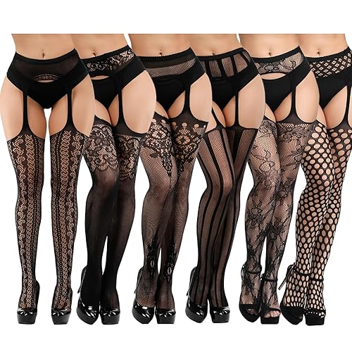 DRESHOW 6 Pack High Waist Tights Fishnet Stockings Thigh High Stockings Pantyhose - One Size - 6 Pair L: Black Pattern Pantyhose