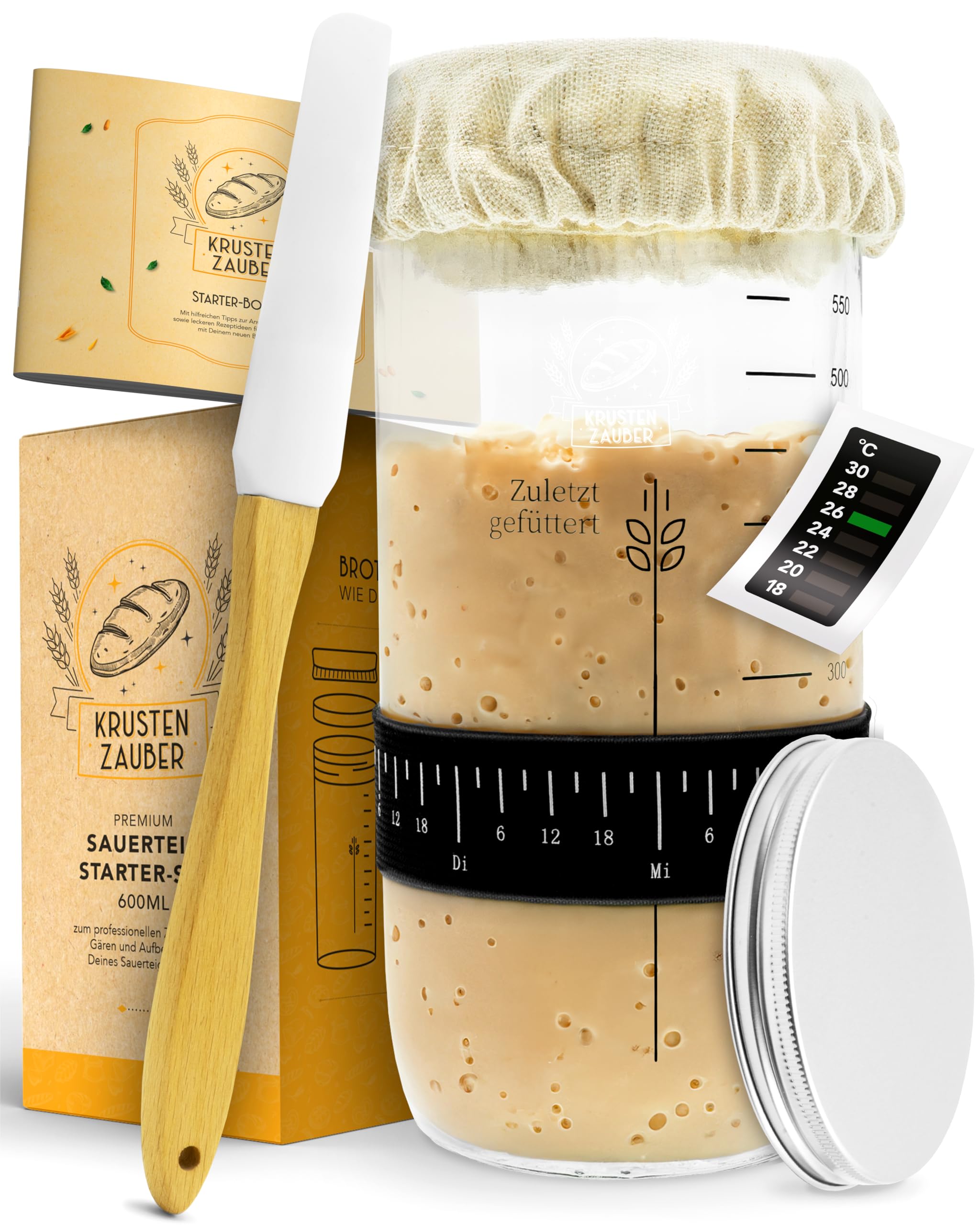 KRUSTENZAUBER Kit de démarrage de levain - Pot de fermentation 600 ml avec spatule et thermomètre - Accessoires pour cuisson du pain, verre de levain, fermentation, kit de démarrage de levain