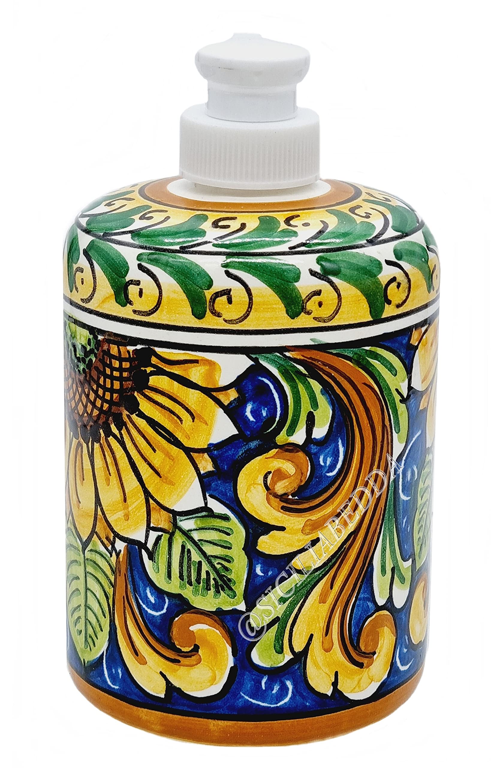 Sicilia Bedda - PORTASAPONE LIQUIDO IN CERAMICA DI CALTAGIRONE - Dipinto Interamente a Mano - Altezza 15 CM (Girasole)