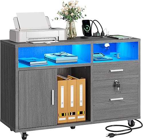 YITAHOME Archivador de madera con luz LED, archivador lateral móvil de 2 cajones, gabinete de almacenamiento, soporte de impresora con estantes para