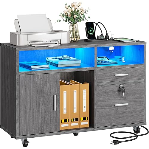 YITAHOME Wood File Cabinet with LED Light, 2 Drawer Mobile Lateral Filing Cabinet, Storage Cabinet Printer Stand with Shelves for Home Office Organization, Grey