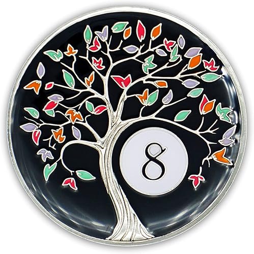 Vista 13 de Chip de sobriedad de 10 años Medallón de ficha de moneda AA del árbol de la vida con aniversario de recuperación que brilla en la oscuridad