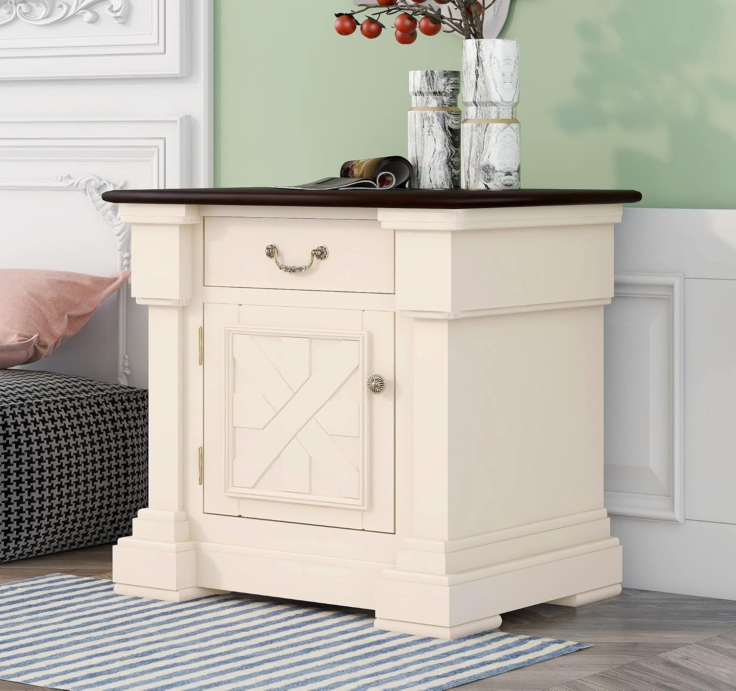 Buy Merax Antique White Modern Mid Century Nightstand with Drawer USB