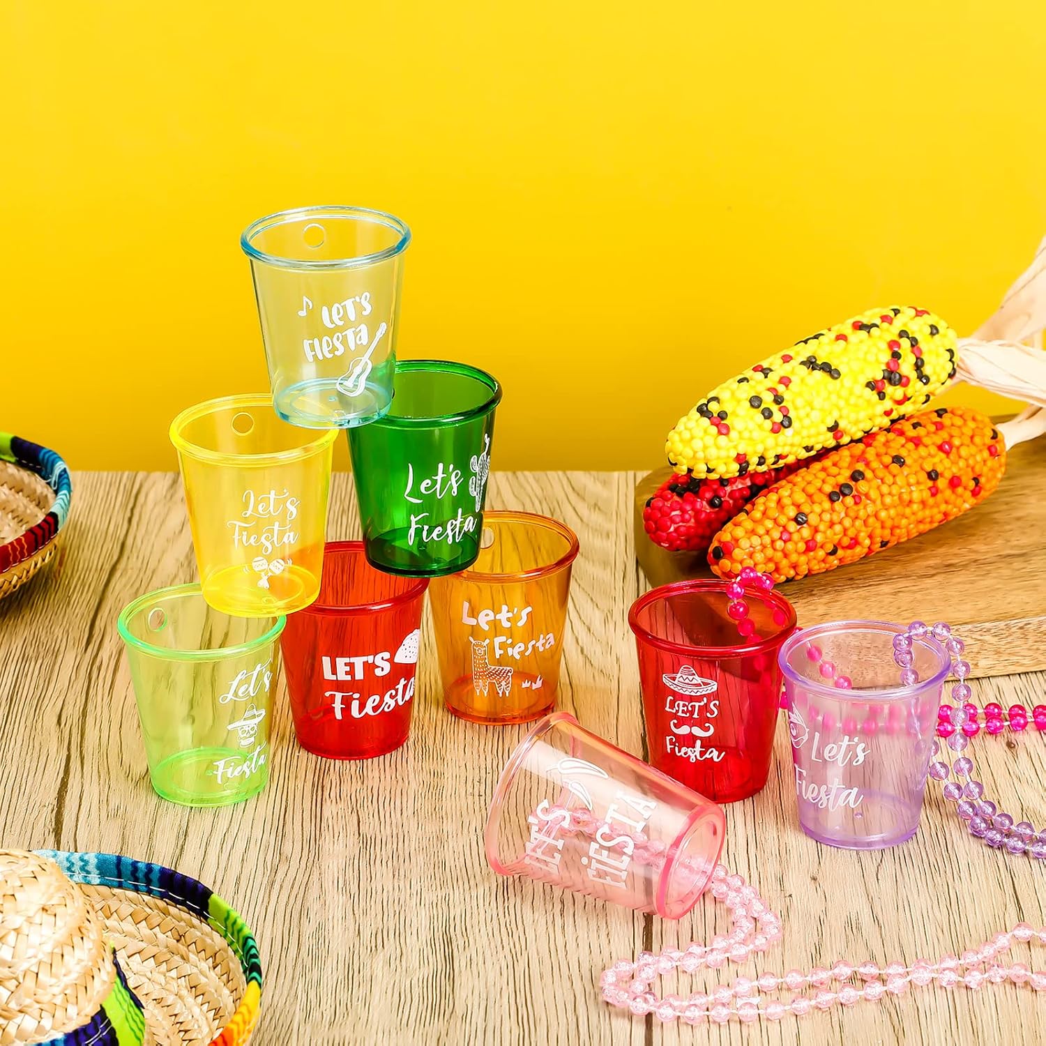 Janmercy 27 Packs Let's Fiesta Shot Glass Necklaces Mexican Plastic Shot