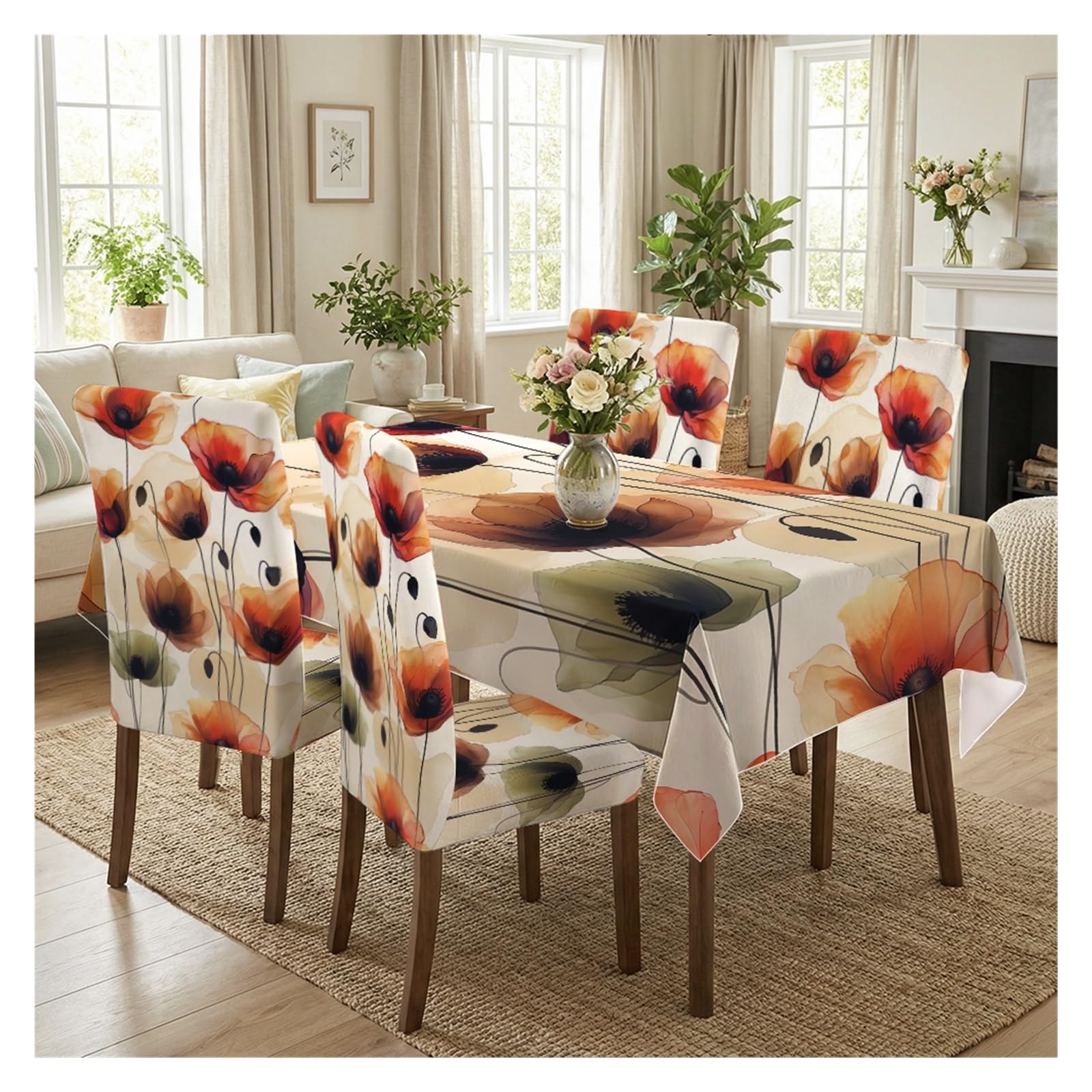 BOSUYBN Vibrant Poppy Floral Dining Tablecloth & Chair Covers Set, 5/7 Piece Artistic Watercolor Flower Home Dining Decor Table Setting(5pcs Set: Tablecloth+Chair Covers)