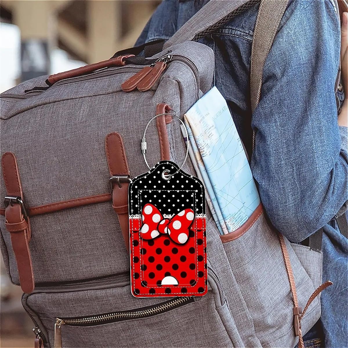 Luggage Tags,Cute Red Black Polka Dot Bow Design, Double-Sided Privacy Cover ID Labels with Stainless Steel Loop and Address Card for Travel Bag Suitcase