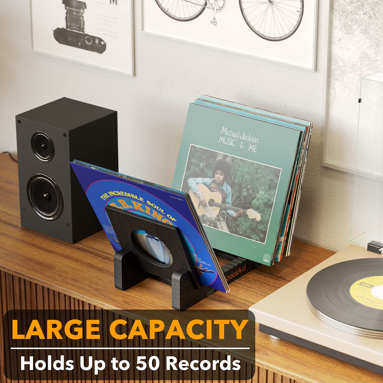 SpaceAid Soporte de almacenamiento de discos de vinilo, apila hasta 50 álbumes, organizador de bambú sólido, accesorios de discos de vinilo (negro)