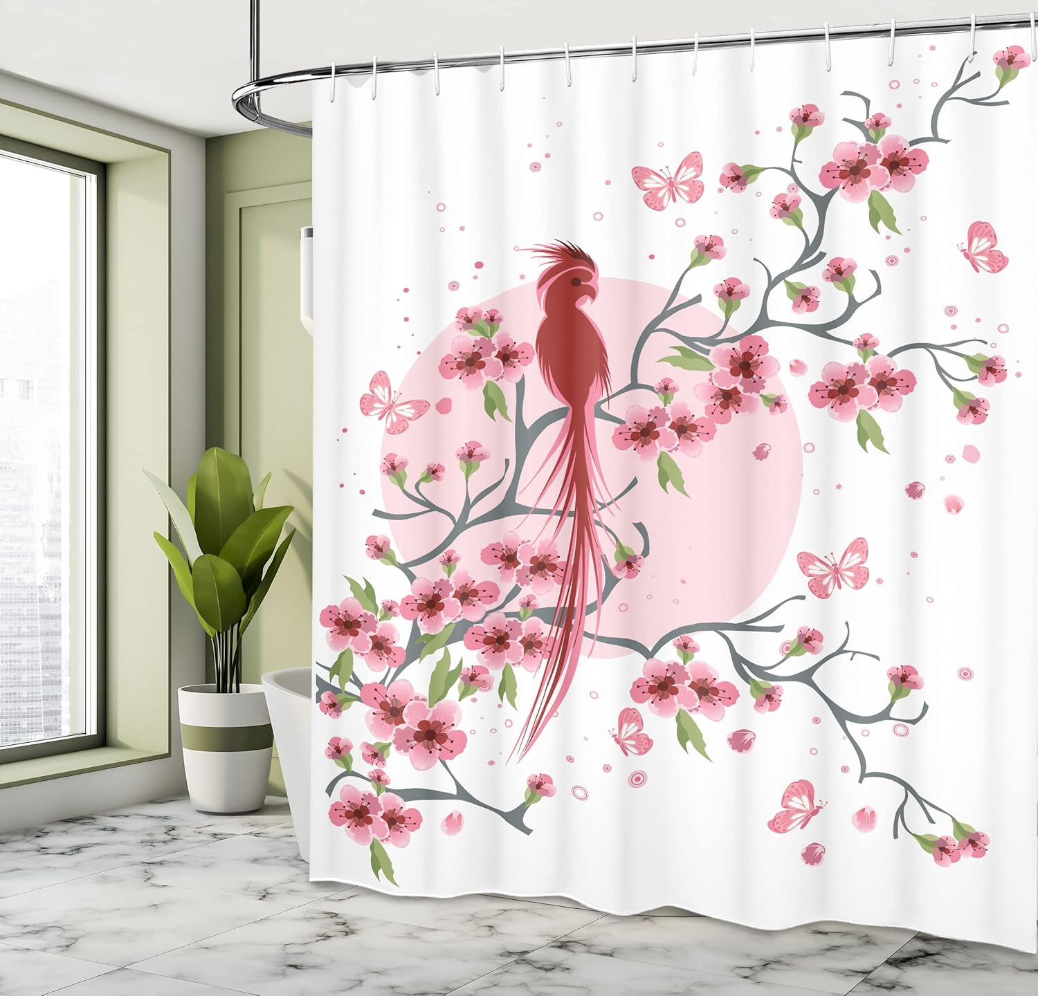 Ambesonne Japanese Shower Curtain, Mythical Long Lived Phoenix Bird on Floral Sakura Branch Looking Back Art, Cloth Fabric Bathroom Decor Set with Hooks, 69" W x 84" L, Pink