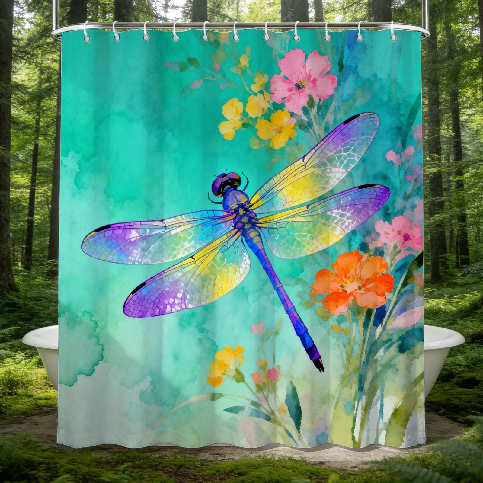 Hongduo White 3D Watercolor Dragonfly Shower Curtain For Stalls Bathtubs Insects Bathroom Decor Shower Curtain Set Polyester Fabric Waterproof 120X180cm/48X71 Inch With Hooks