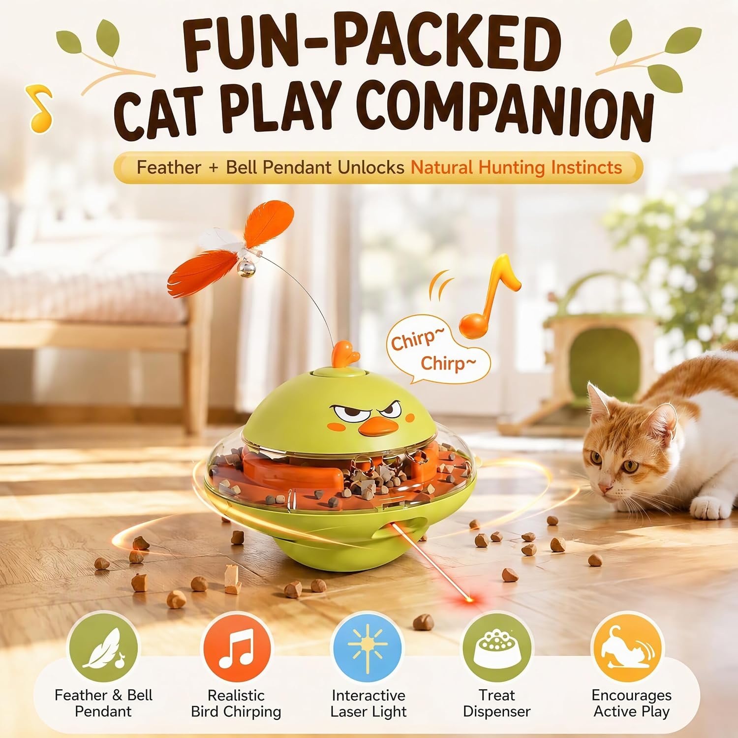 Interactive Cat Toy for Cats with Feather & Treat Dispenser, Lifelike Bird Songs & 360° Swing Rotation,Type-C Charging with Non-Toxic ABS,Green image 3