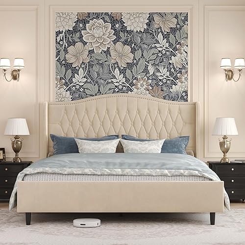 Belffin King Size Bed Frame with Upholstered Wingback Headboard, Vintage Velvet Platform Bed with Button Tufted & Nailhead Trim, Anti-Slide Footboard, No Box Spring Needed, Noise-Free, Beige