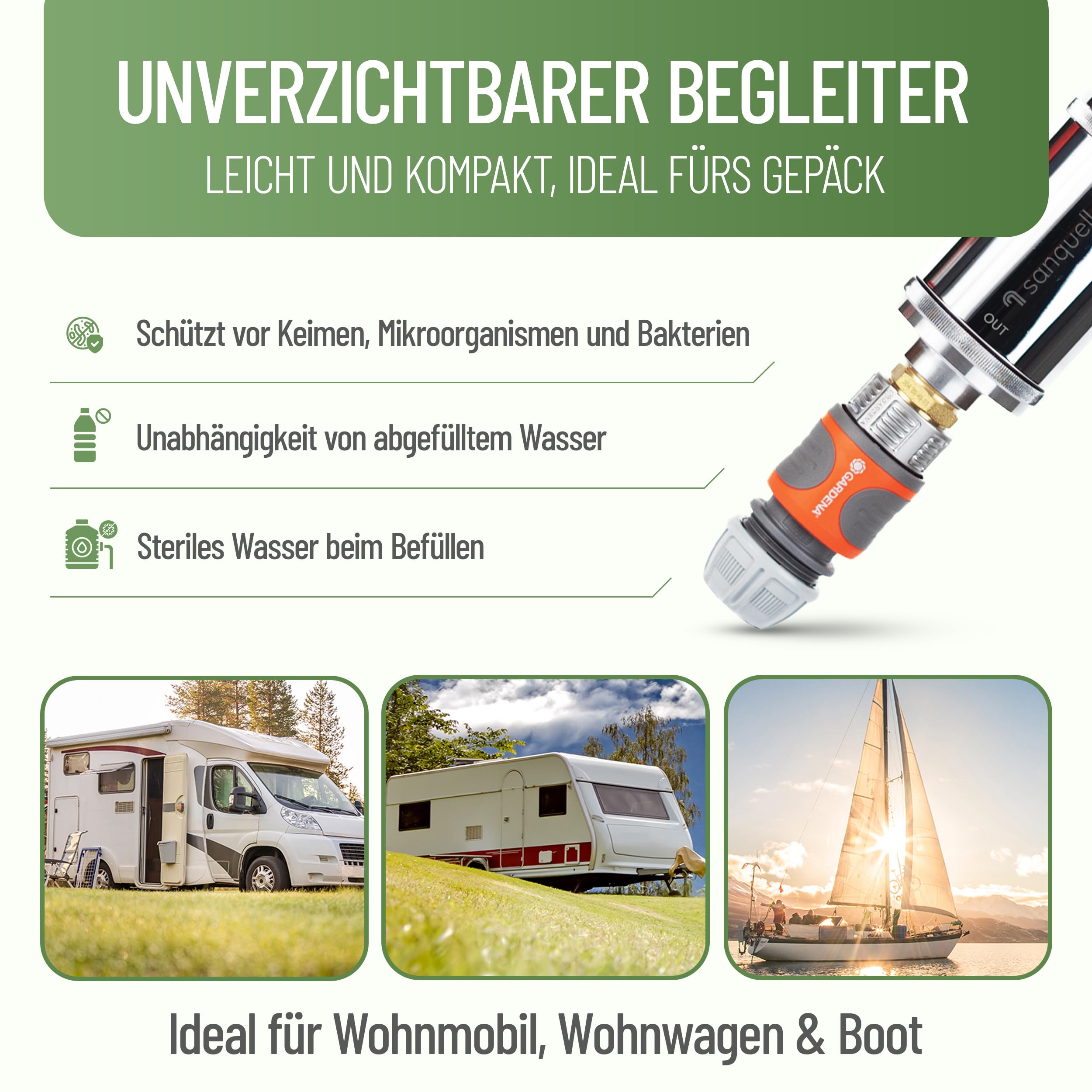 Wasserfilter Camping Wohnmobil, Wohnwagen Explorer | Keimsperre | Medizintechnik | Sauberes Trinkwasser unterwegs | Befüllfilter für Frischwassertank | Komplettset | bis 8 Liter/Minute | Silber