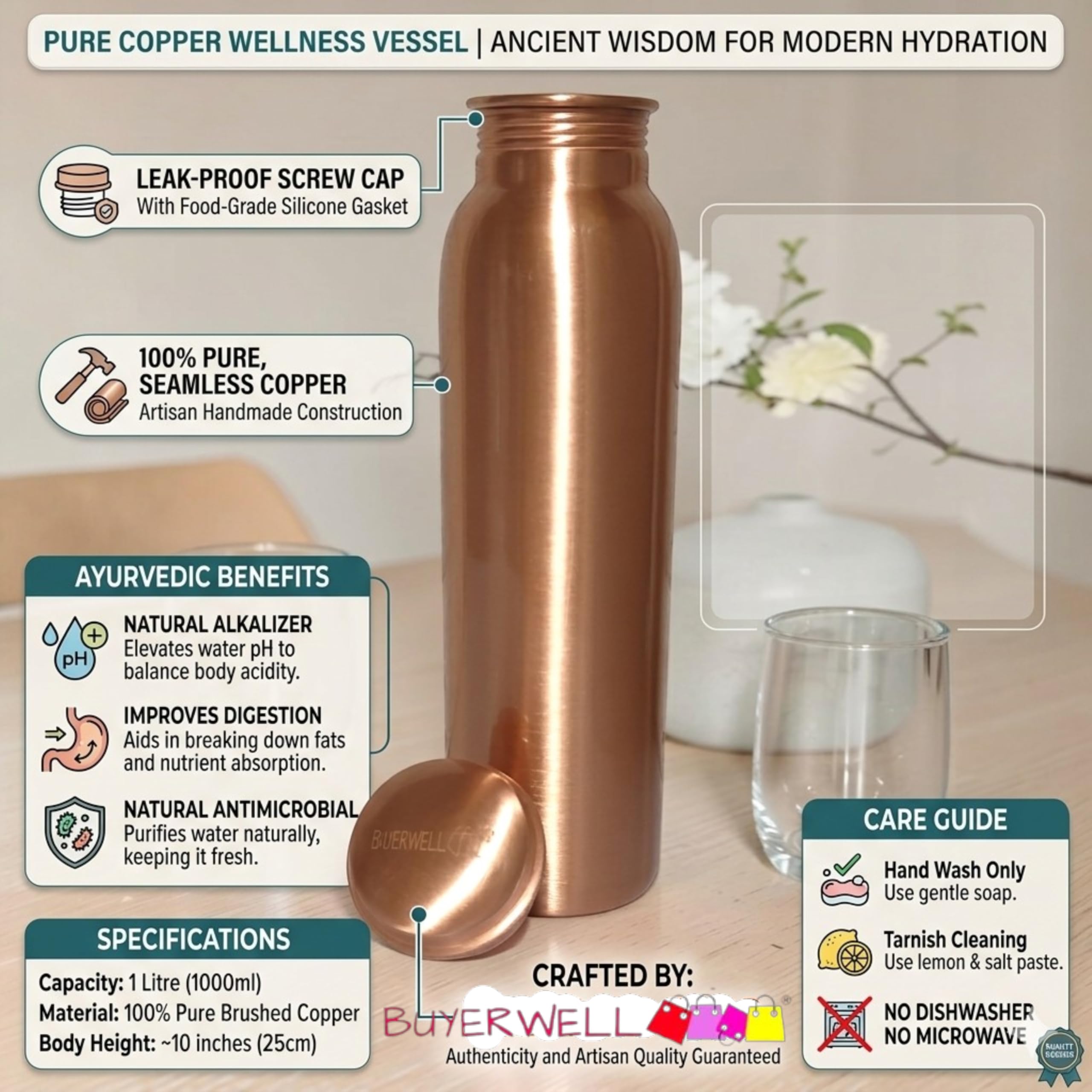 Botella de agua de cobre puro, recipiente de cobre ayurvédico de 34 onzas para agua potable, diseño a prueba de fugas y ecológico, ideal para yoga, gimnasio y bienestar (acabado mate)