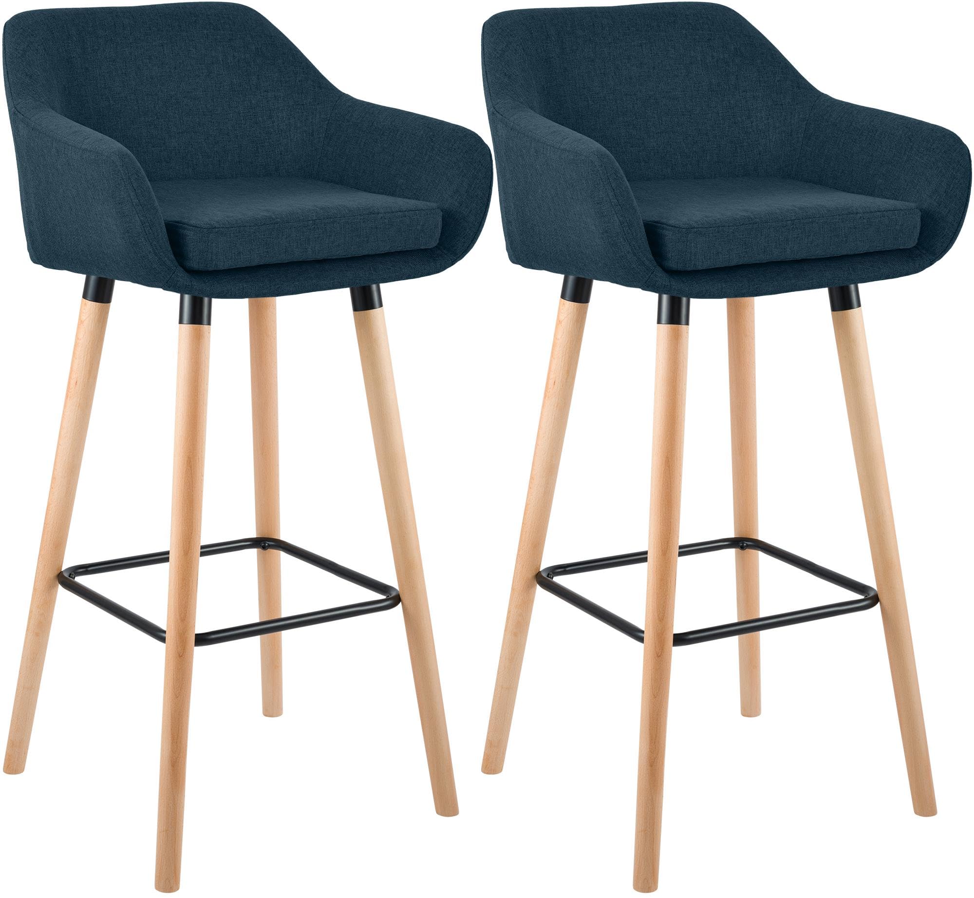 CLP Taburete de Bar Juego de 2 tapizados con Respaldo Grant, Taburete con Funda de Tela, Estructura de Madera hasta 150 kg de Carga, Color:Azul