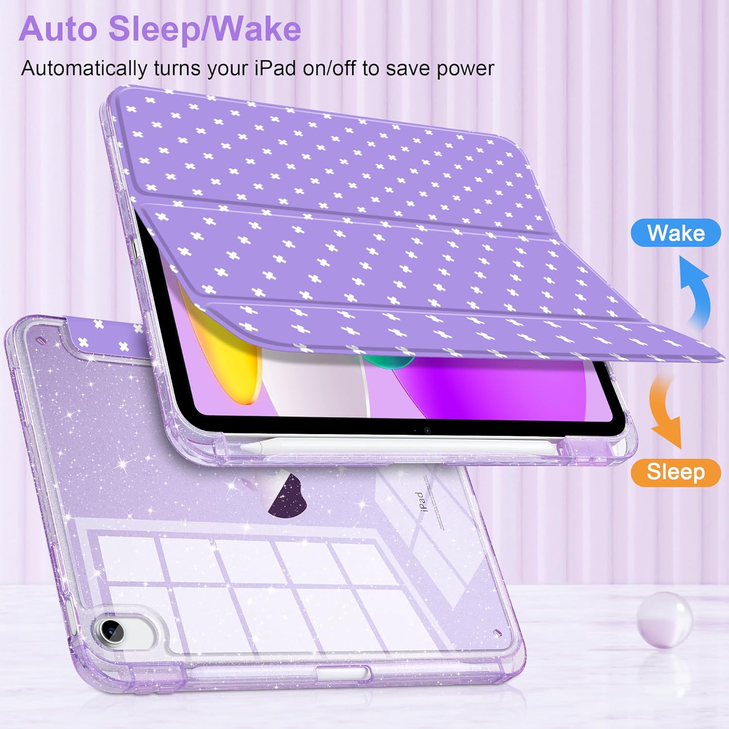 DONGKE for iPad Case 9th/8th/7th Generation 10.2 Inch (2021/2020/2019), Shockproof Glitter Acrylic Back with Trifold Stand, Pencil Holder & Auto Sleep/Wake - Purple Cross Dot