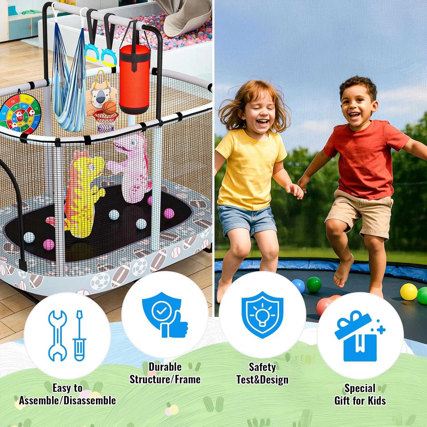 LAMERGE 55" 7-in-1 Round Trampoline for Kids Boys & Girls Ages 1-8, Indoor & Outdoor Trampoline for Fun, Adjustable Height Handrail ＆ Enclosed Safety Net ＆ Durable Designs for Toddlers Children