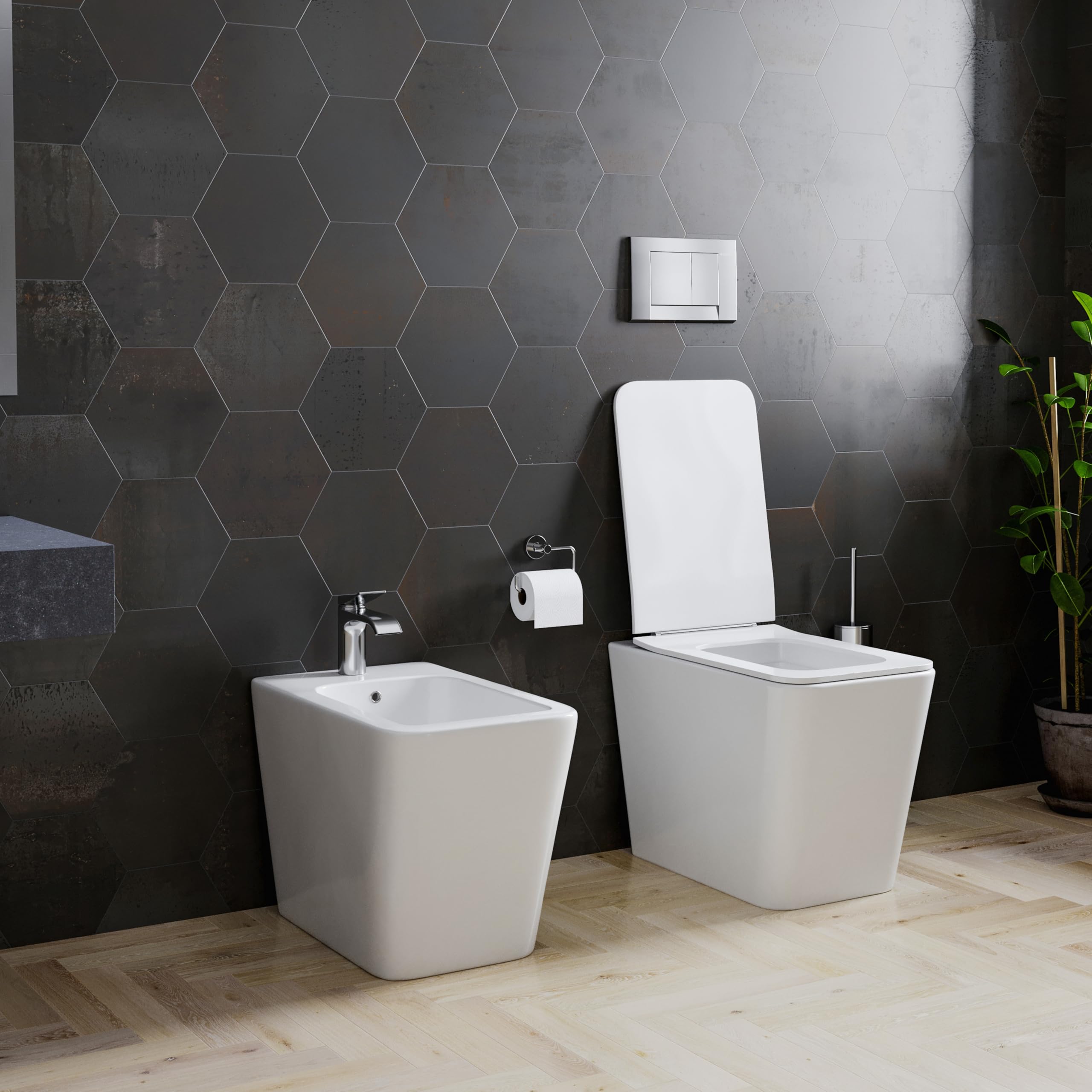 Set Sanitari Filomuro WC e Bidet Quadrati in Ceramica con Copriwater Soft Close e Sgancio Rapido Bianco Lucido Design Moderno (Quadrato)