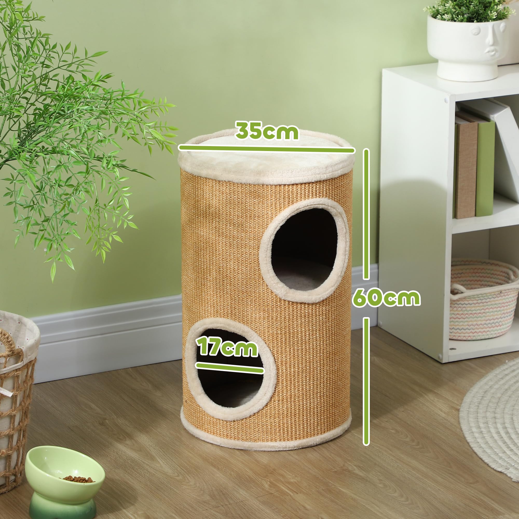 PawHut Torre Tiragraffi per Gatti a 2 Livelli con Rivestimento in Sisal, Casetta per Gatti con Lettini in Peluche, Marrone
