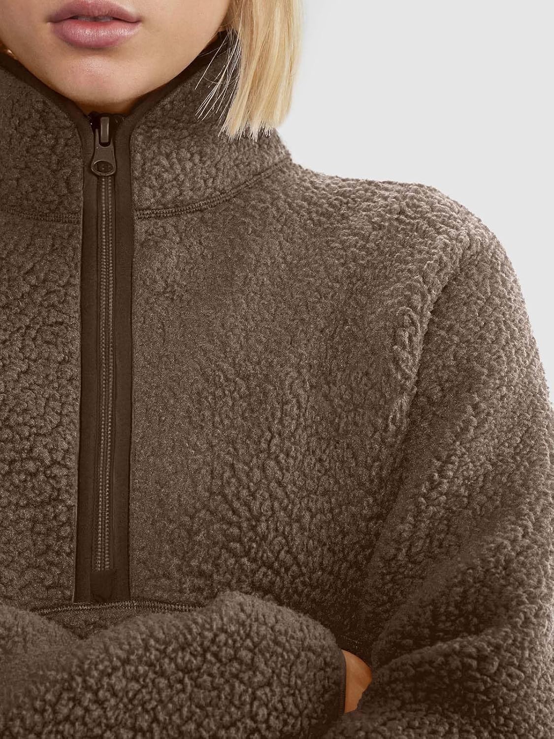 LASLULU Womens Half Quarter Zip Pullover Sherpa Jacket Fleece Faux Fur Teddy Cropped Jackets Sweatshirt Fuzzy Sweaters 2025 Warm Fall Winter Jackets Outfits Clothes (Gravel,Medium) - Image 2