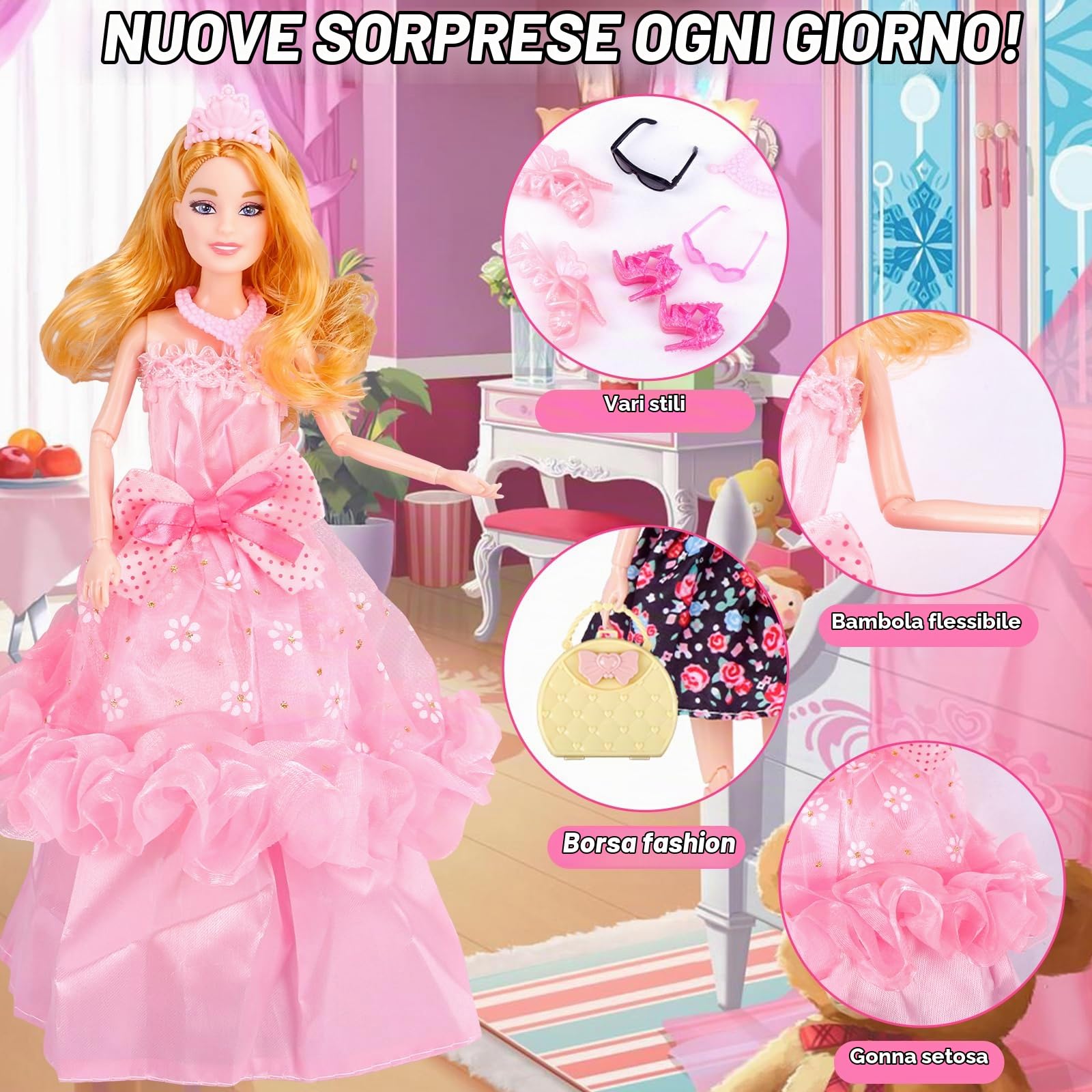 Calendario dell'Avvento 2025 Bambina Bambole- Bambole Vestiti Accessori 24 Giorni di Sorprese Natale Calendario Fai da Te Abiti Bambo Sirena Regalo