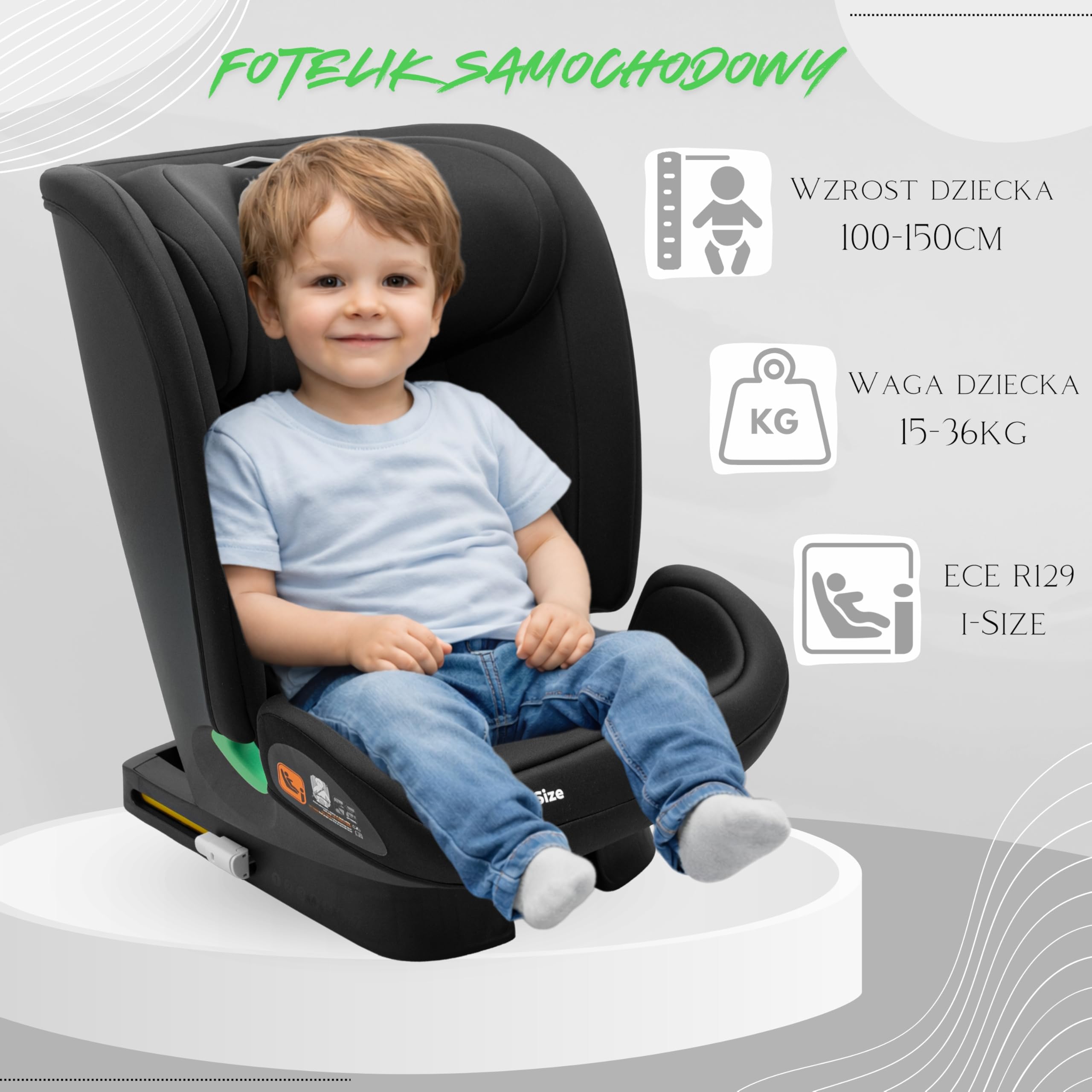 KidsZone Fotelik Samochodowy z bazą Isofix – Fotelik dziecięcy i-Size 40-150cm, 15-36kg, Grupa 2/3 – 7 Stopniowa regulacja nachylenia oparcia, 9 pozycji regulacji zagłówka