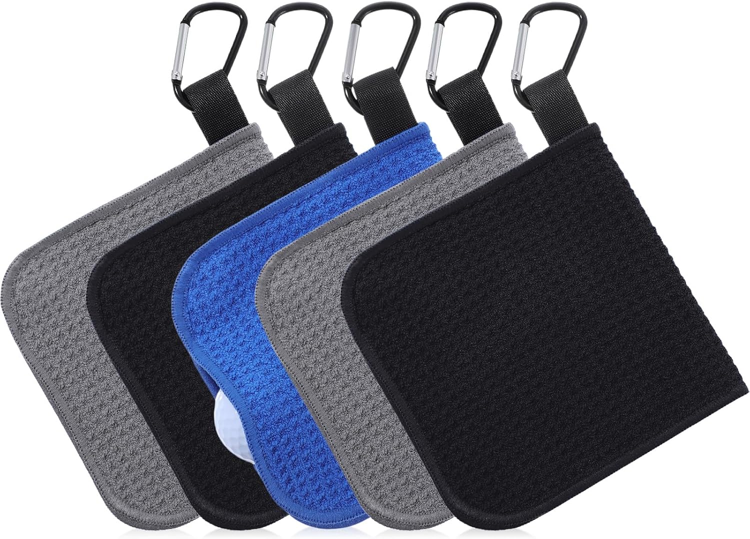 Batiyeer 10 Pack Small Golf Towel 5.5 x 5.5 Inch Microfiber Waffle Material with Clip Portable Pocket Golf Towel for Men Women Gift Cart Club Bag (Black,Gray,Blue)